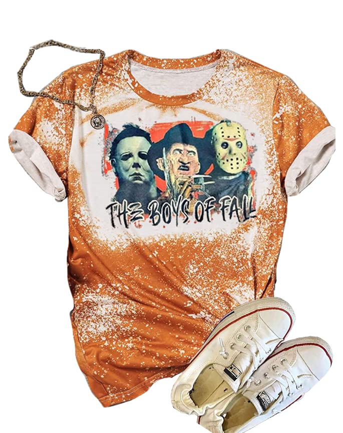 Halloween Friends Graphic T-Shirt for Women | Horror Movie Bleached Tee | Short Sleeve Horror Squad Top | Perfect for Halloween Parties & Horror Movie Nights