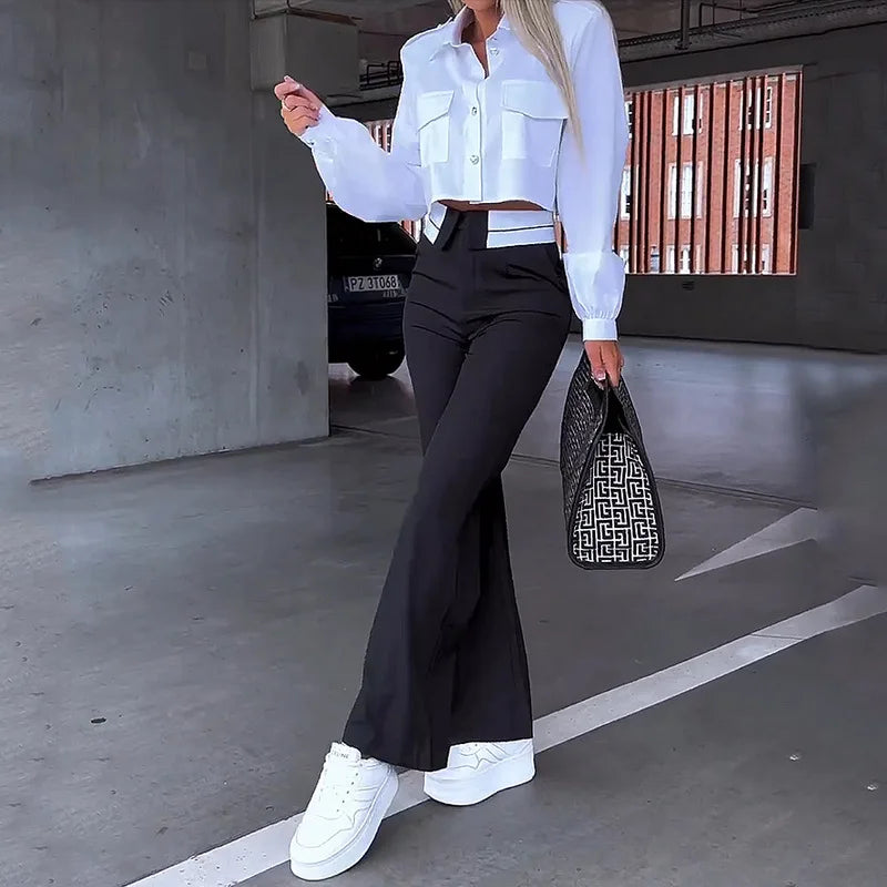 Elegant Women's Two-Piece Office Set - White Lapel Long Sleeve Blouse & Gray Pants Suit for Fall/Spring | Y2K Style Workwear for Business, Meetings & Professional Occasions
