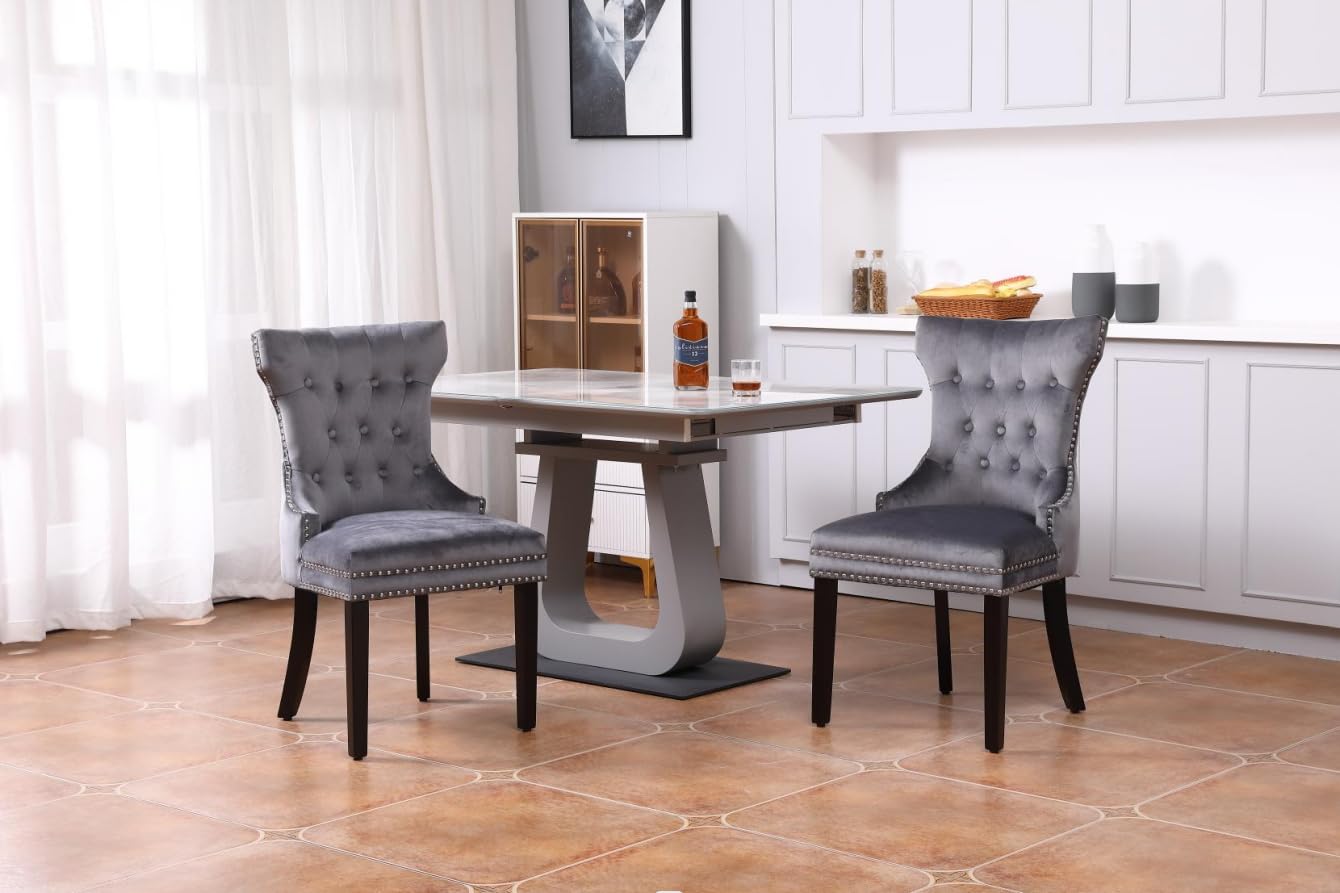 Luxury Grey Velvet Dining Chairs Set of 2 - Upholstered High Back Kitchen & Dining Room Chairs with Ring and Studs Design for Elegant Home Decor, Dinner Parties & Formal Entertaining