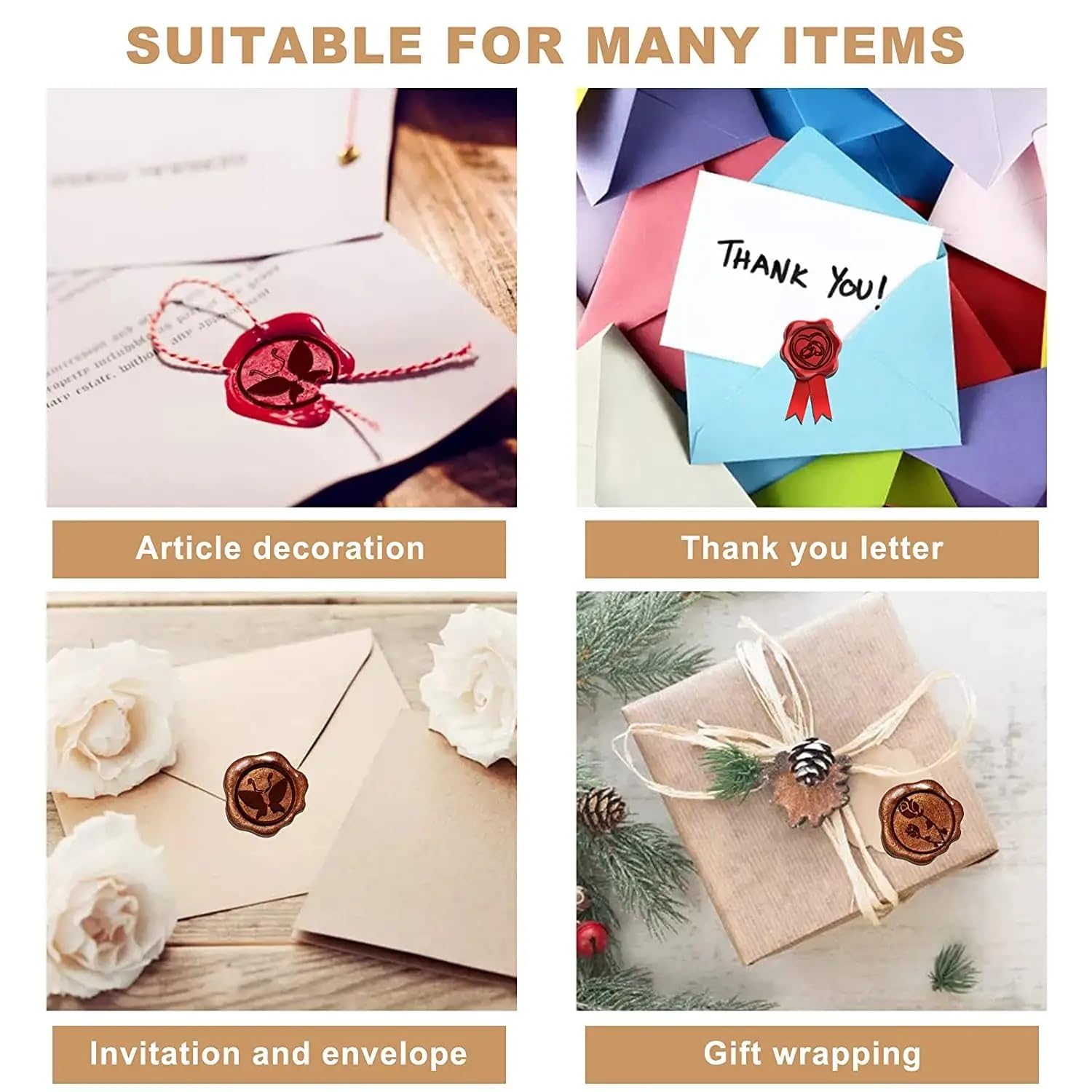 HEEPI Wax Seal Stamp Kit with Sealing Wax Beads, Candles, Melting Spoon & Wooden Handle - Romantic Love Design for DIY Crafts, Wedding Invitations, Gift Wrapping & Calligraphy Projects