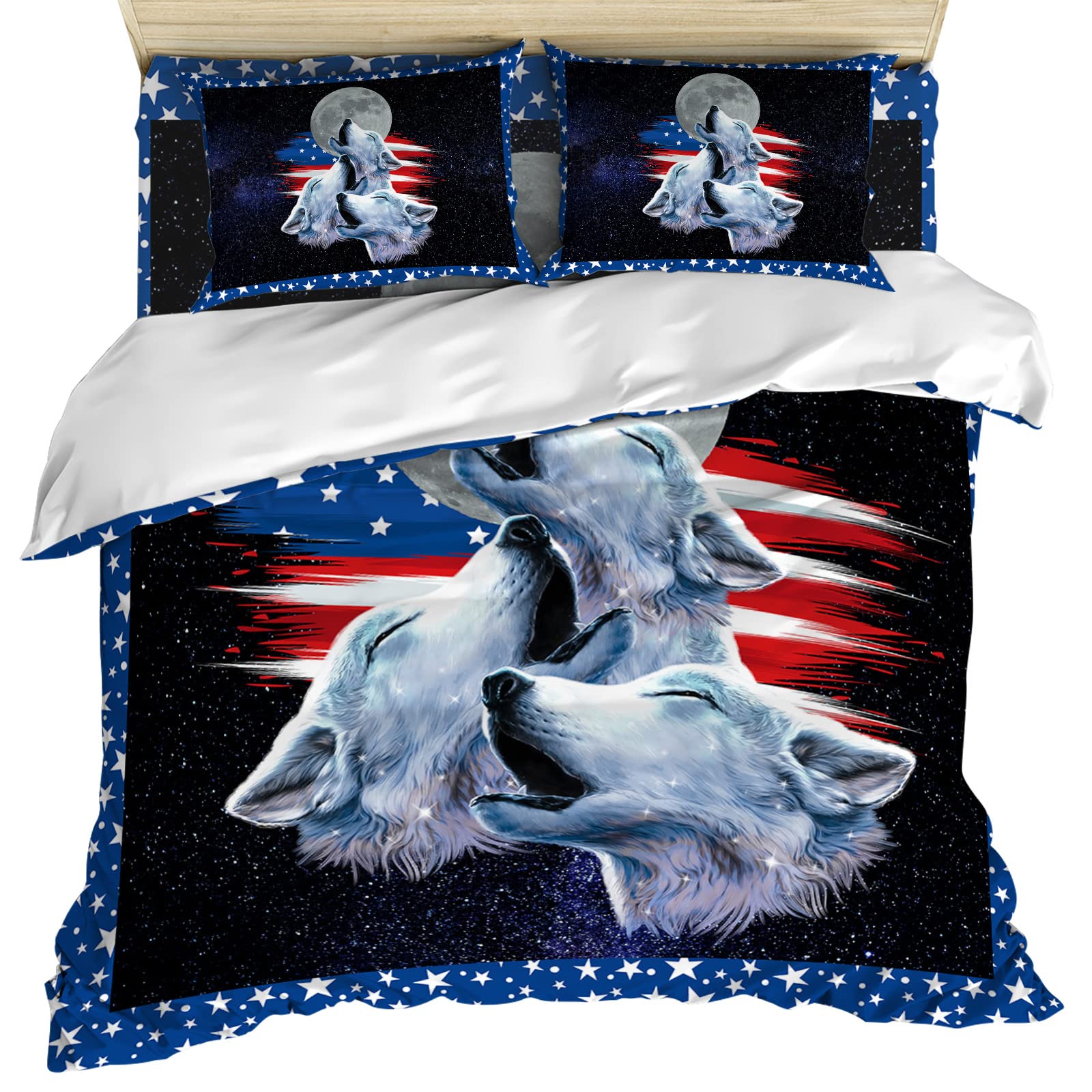 Patriot Independence Day California King 4-Piece Bedding Set - American Flag Wolf Moon Starry Sky Design | All-Season Warm Comforter Cover, Sheets & 2 Pillowcases | Perfect for 4th of July Decor, Guest Rooms & Cozy Winter Nights