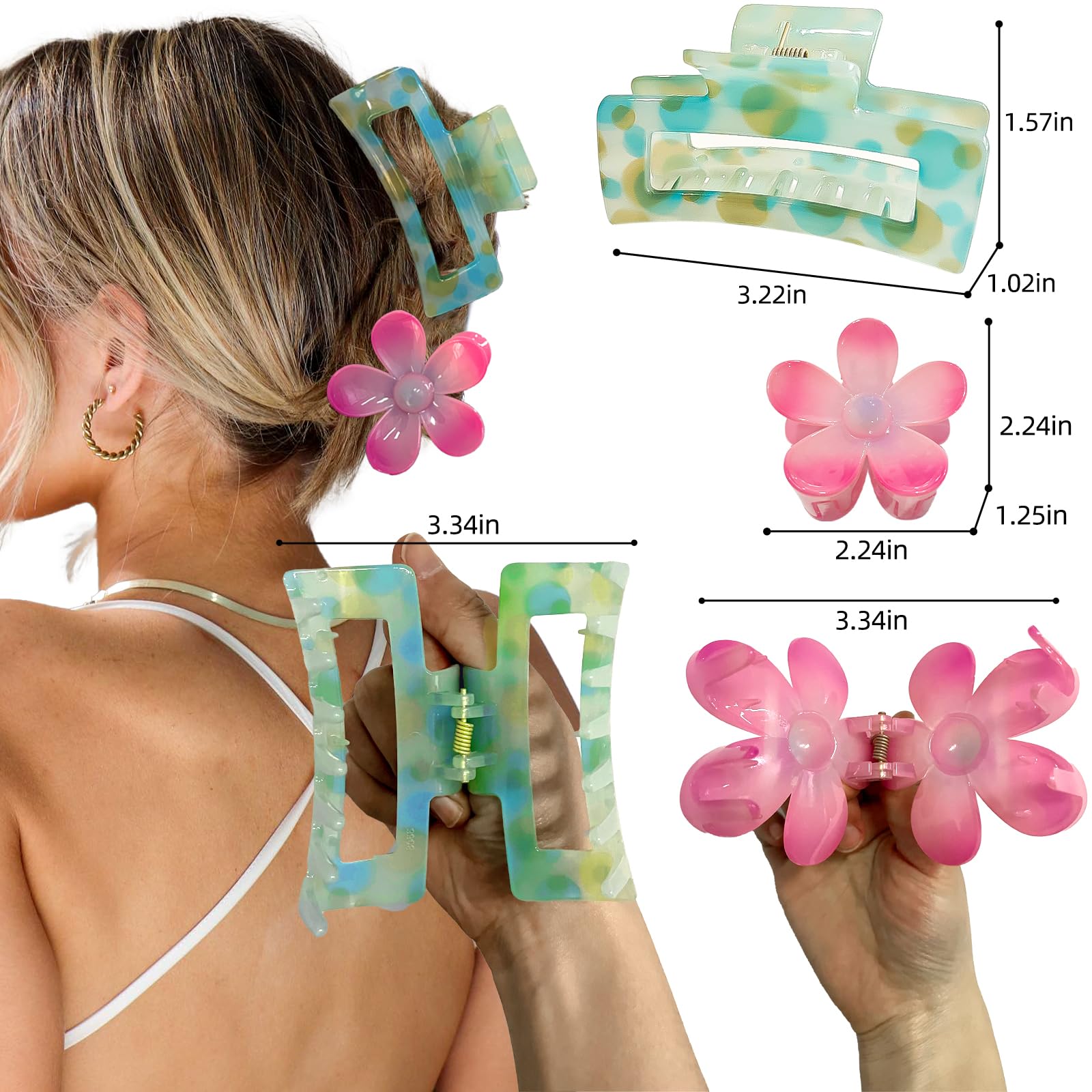 Non-Slip Big Cute Hair Claws & Medium Flower Hair Clips Gift Set for Women - Hair Styling Accessories for Thick/Thin Hair - Perfect for Daily Wear, Parties, Weddings and Special Occasions