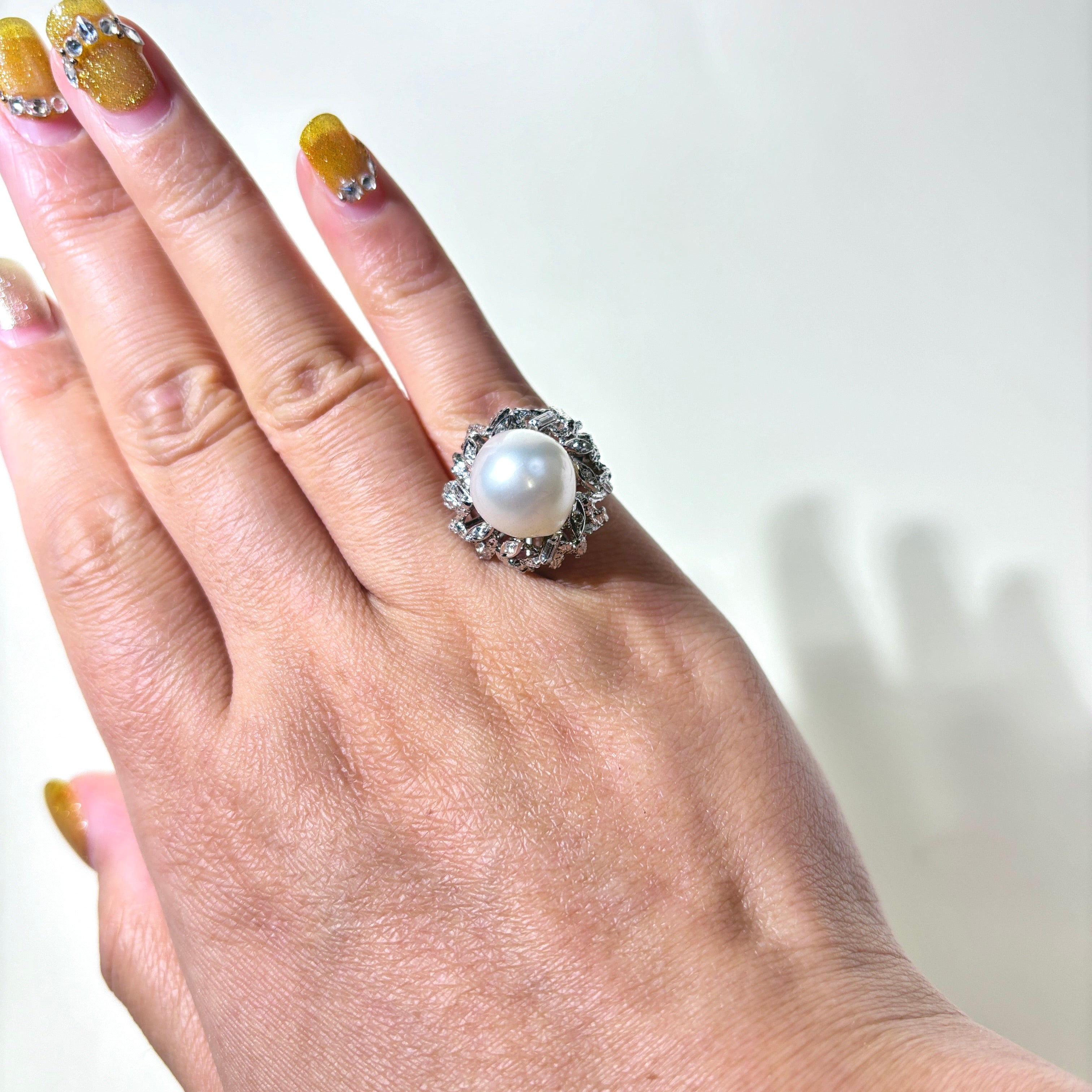Elegant Pearl & Diamond Cocktail Ring | 11.60mm Round White Pearl with 0.09ctw Diamond Accents | Size 4.5 | Perfect for Evening Parties, Weddings & Special Occasions