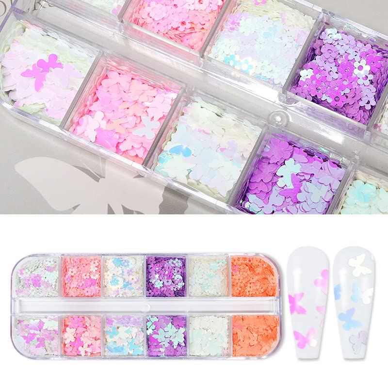 12 Grids Gradient Nail Glitter Sequins - 3D Cherry Blossom & Butterfly Nail Art Flakes for Professional Manicure | DIY Nail Decoration Accessories for Salon, Party & Special Occasions