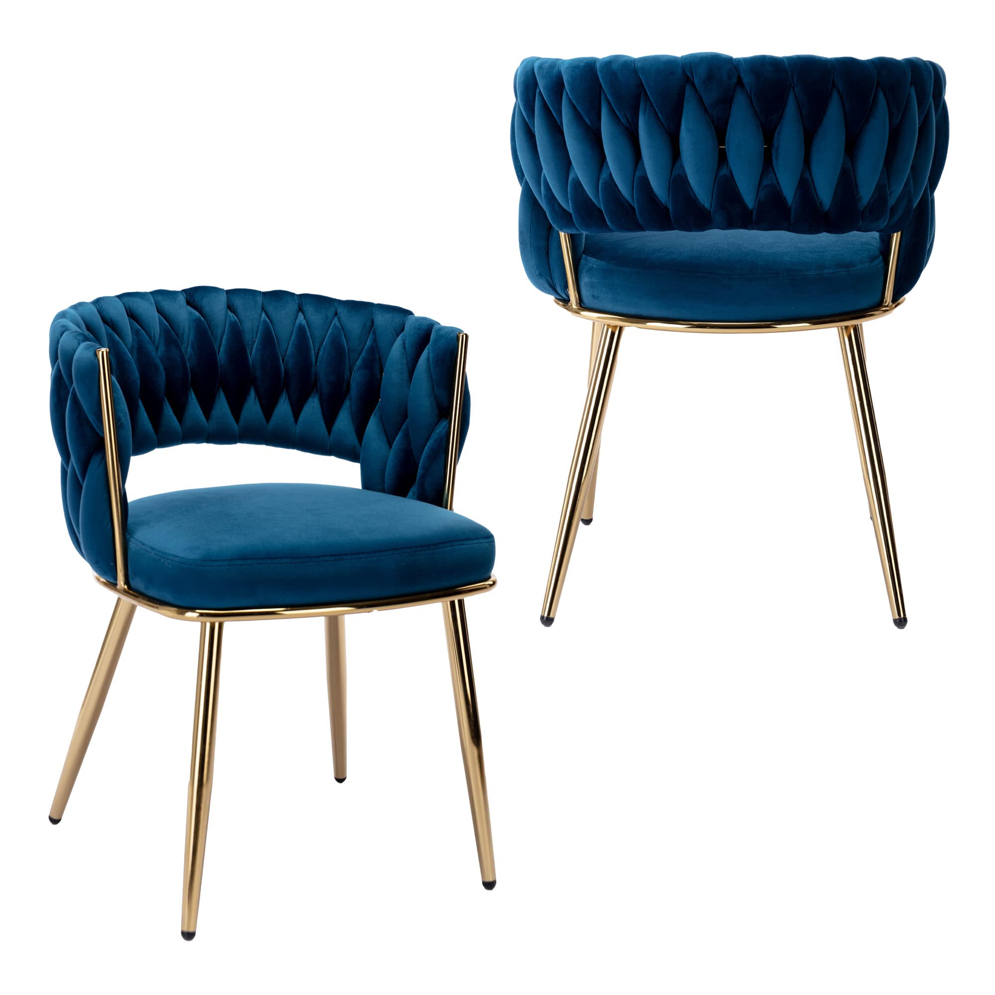 KCC Modern Velvet Dining Chairs Set of 2 - Blue Upholstered Living Room Chairs with Woven Back & Gold Metal Legs, Mid-Century Accent Side Chairs for Dining Room, Kitchen, Office or Lounge - Perfect for Entertaining Guests or Cozy Family Meals