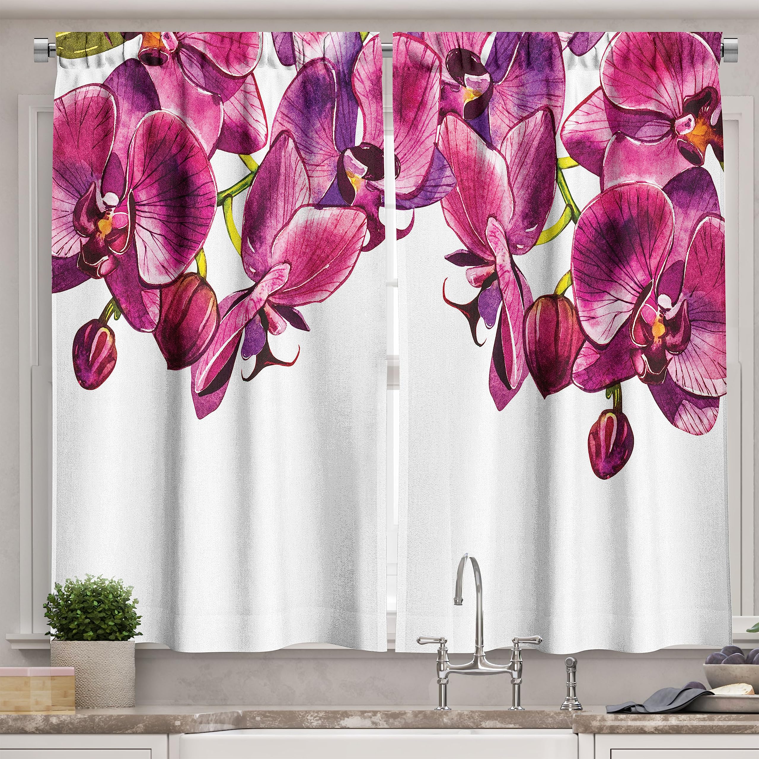 Ambesonne Floral Long Kitchen Curtains - Orchid Branch Design Symbolizing Purity, 2 Panel Rod Pocket Drapes for Windows, 55
