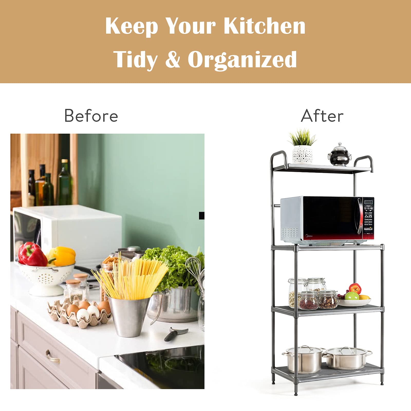PETSITE 4-Tier Metal Baker's Rack with Microwave Stand - Kitchen Storage Shelf for Spices, Pots & Pans - Space-Saving Grey Utility Rack for Small Kitchens, Apartments & Dorm Rooms