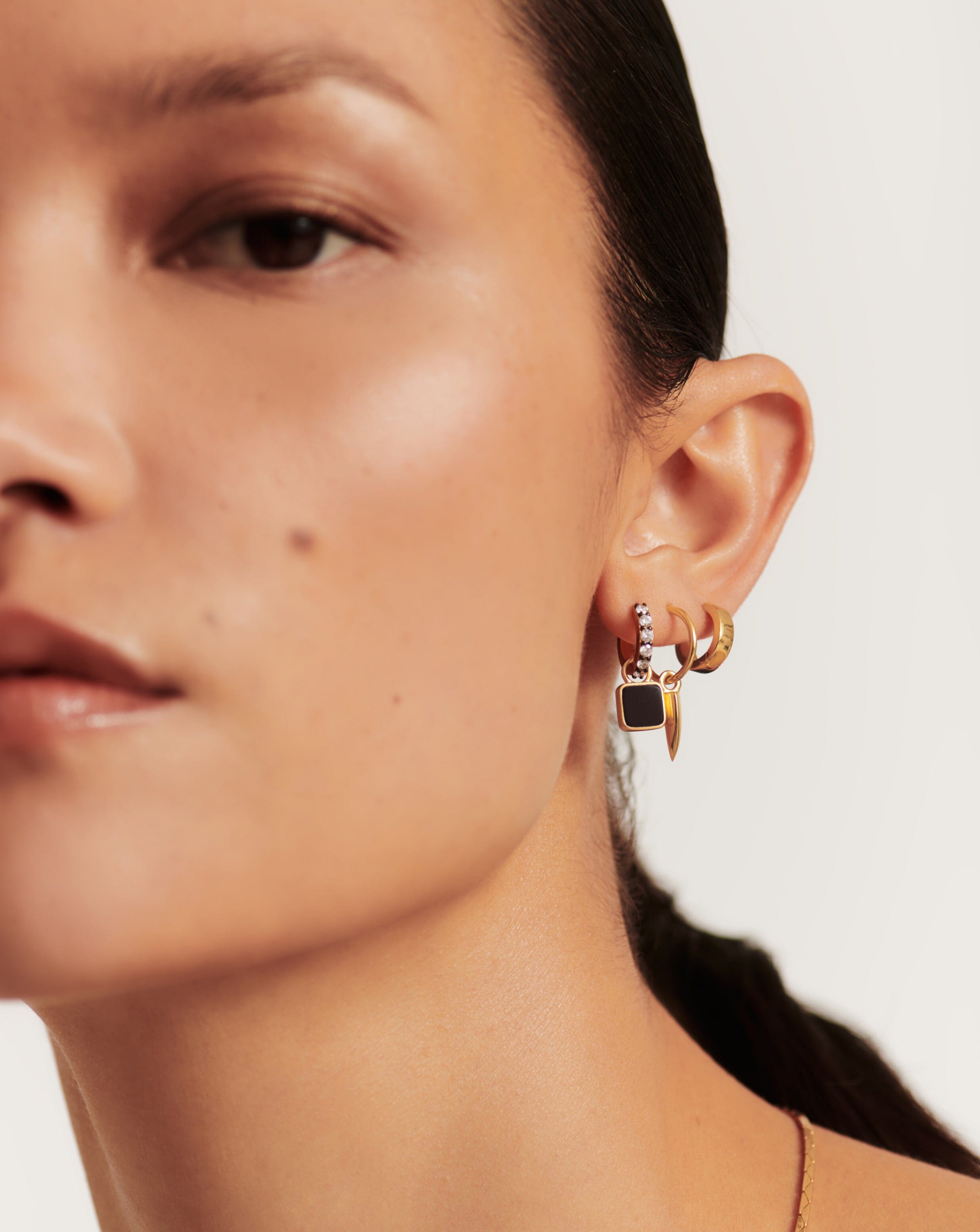 Lucy Williams Square Black Onyx Charm Hoop Earrings | 18k Gold Vermeil & Black Onyx | Elegant Dangle Earrings for Women | Perfect for Parties, Weddings & Evening Events