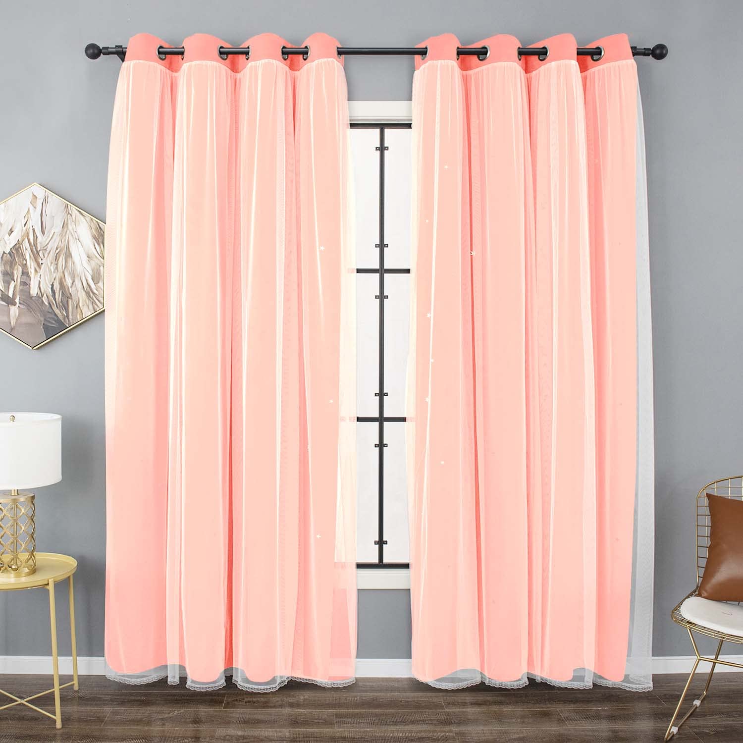 Kinryb Princess Curtains for Girls Bedroom - Sheer Overlay Double Layer Window Drapes with Star Cutout Design, 52x95 Inches Coral Pink - Perfect for Kids Room, Nursery & Living Room Decor