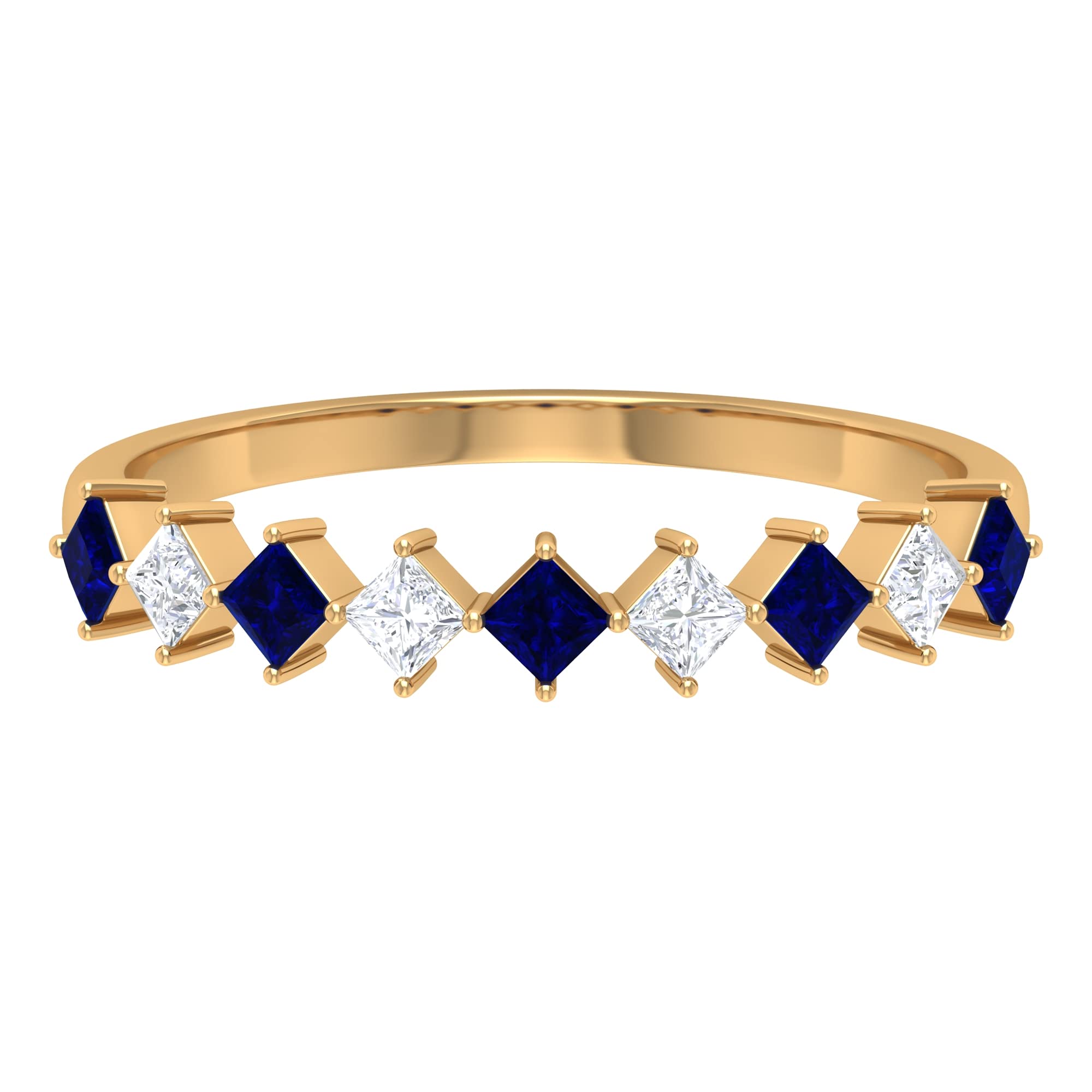 0.50 CT Princess Cut Blue Sapphire and Diamond Ring - 14K Solid Gold Half Eternity Band for Women - Elegant Diagonal Sapphire Engagement Ring for Anniversary, Wedding & Special Occasions
