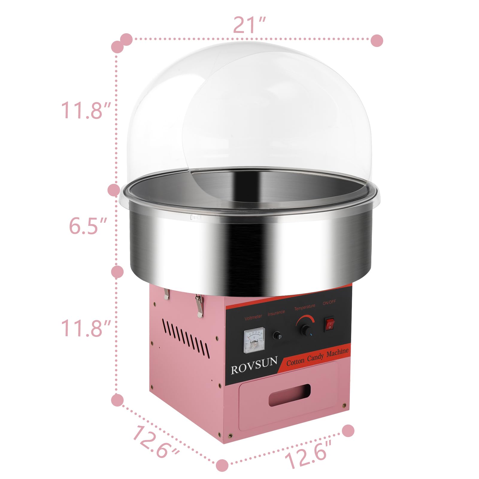 ROVSUN 21 Inch Commercial Cotton Candy Machine - Electric Candy Floss Maker with Stainless Steel Bowl, Cover, Sugar Scoop & Drawer - Perfect for Home, Parties, Carnivals & Events (Pink)
