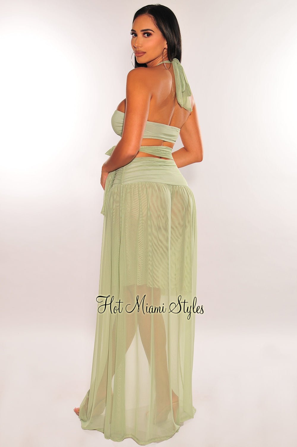 Sage Green Mesh Halter Neck Cut Out Tie Up Slit Maxi Dress for Women - Elegant Summer Beach Party & Evening Gown