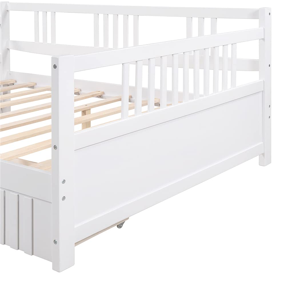 **White Pinewood Daybed Sofa Bed with Guardrails & Storage Drawers – Convertible Kids Furniture for Bedroom, Playroom & Guest Room**    (Note: This optimized title includes keywords like 