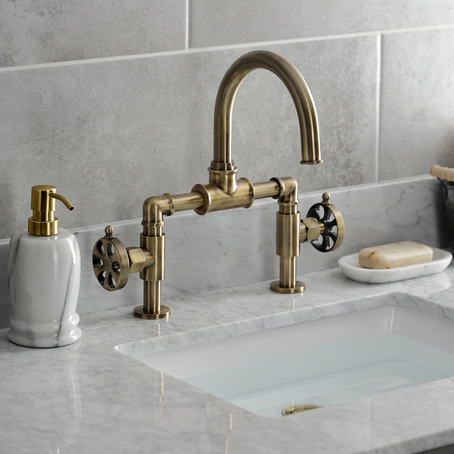 Belknap KS2173RX Two Handle 2 Hole Deck Mount Bridge Bathroom Faucet with Push Pop Up Drain in Antique Brass - Perfect for Vintage Style Bathrooms and Powder Rooms