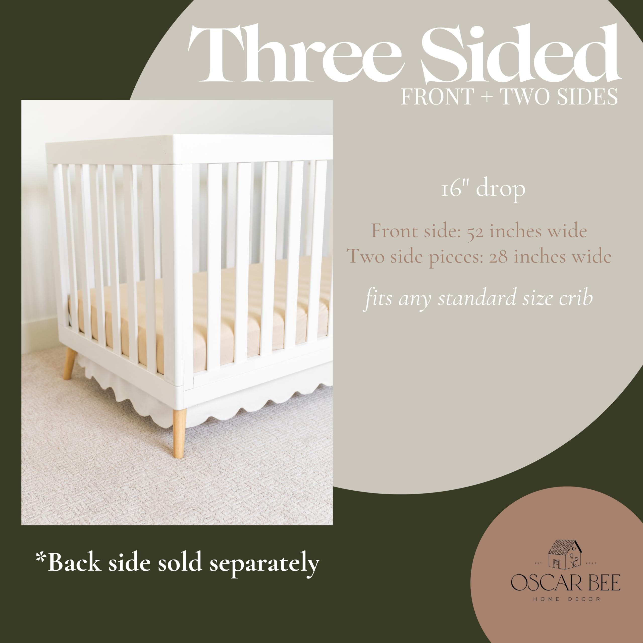 White Scalloped Crib Skirt (Front & Two Sides) - Adjustable Linen Crib Bed Skirt for Boys & Girls - Neutral Nursery Bedding - Dust Ruffle for Baby Crib - Perfect for Nursery Decor & Photoshoots