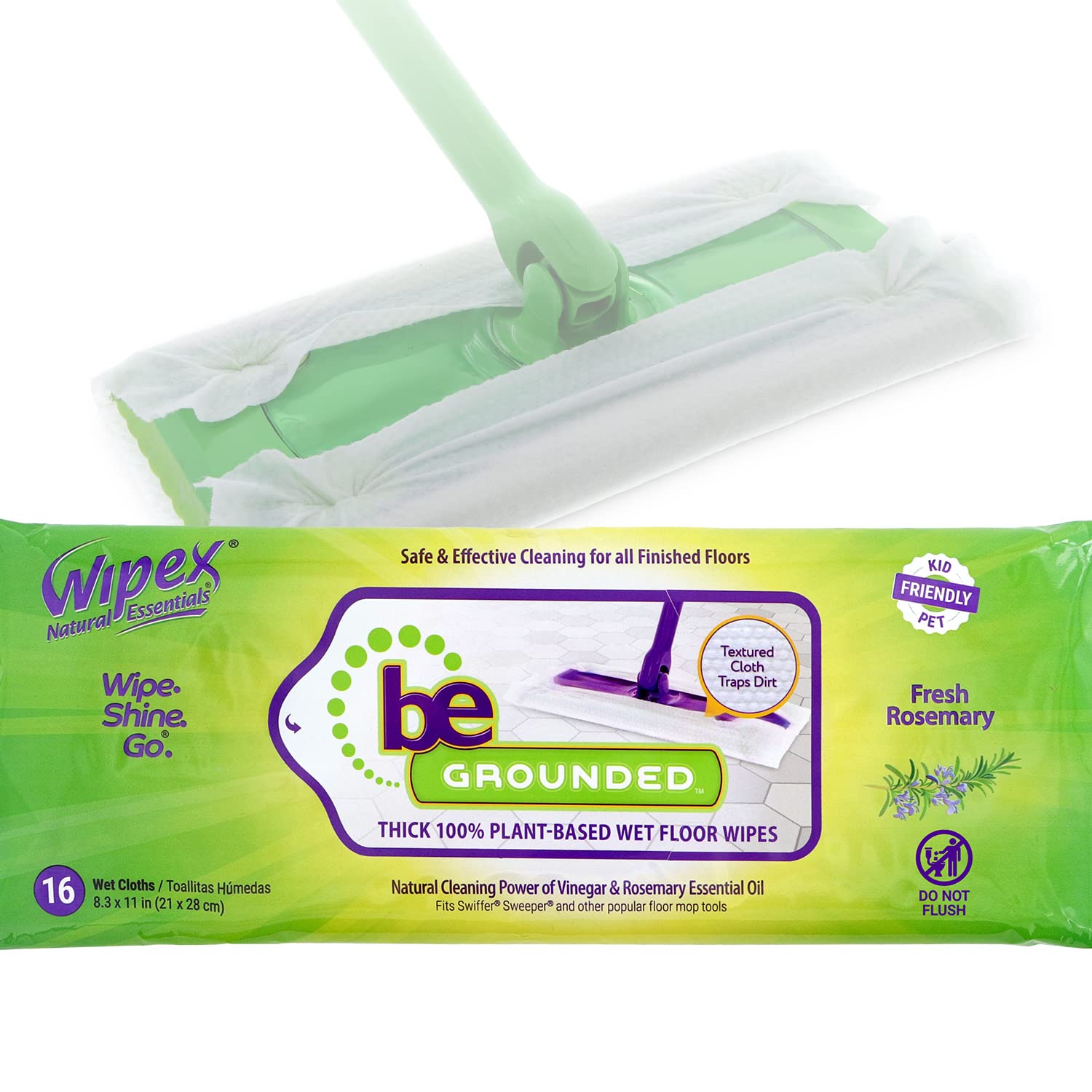 Wipex Natural Wet Floor Cleaning Wipes for Swiffer Sweeper - Plant-Based Textured Cloth with Rosemary Oil & Vinegar, Absorbs Dirt & Grime, 16 Count (Pack of 3) - Perfect for Hardwood, Tile & Laminate Floors