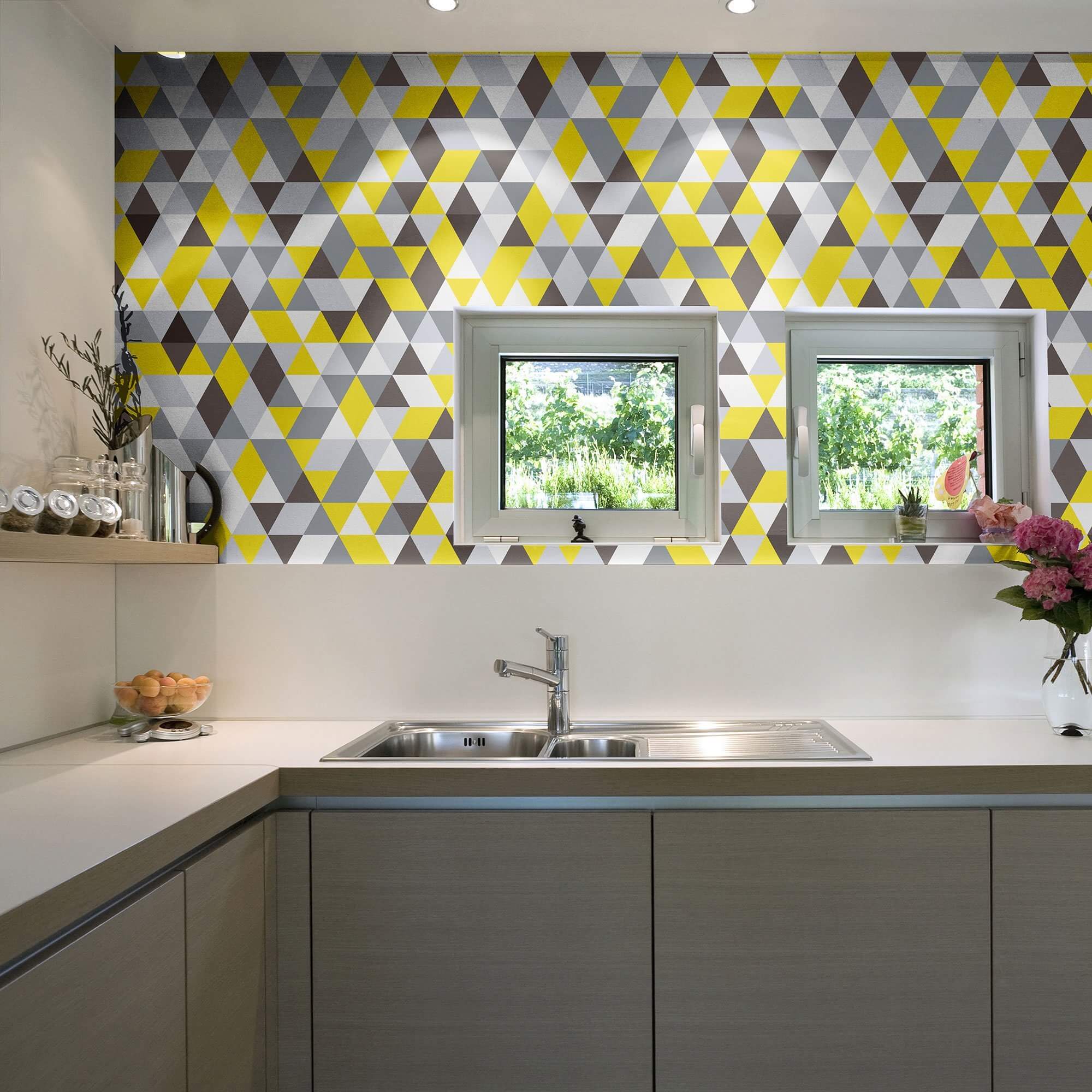 Yellow and Grey Geometric Triangle Peel and Stick Removable Wallpaper - Self-Adhesive Decorative Wall Covering for Bedroom, Living Room, Nursery, or Office Decor