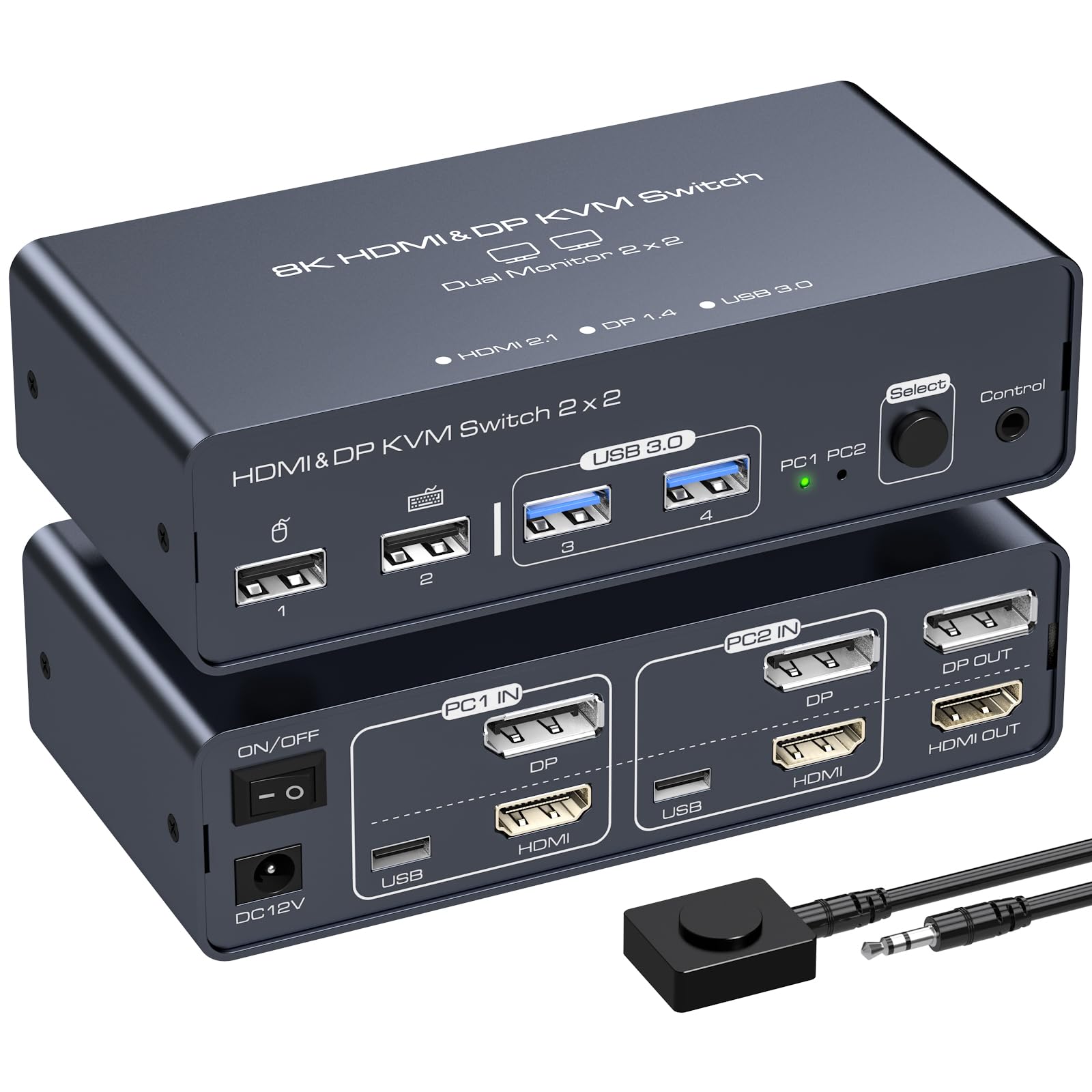 VEDINDUST 8K60Hz HDMI DisplayPort KVM Switch for 2 Monitors & 2 Computers - Aluminum USB-C Sharing Hub with 4 USB Ports & Desktop Controller - Ideal for Gaming, Office Work & Multi-Device Setup