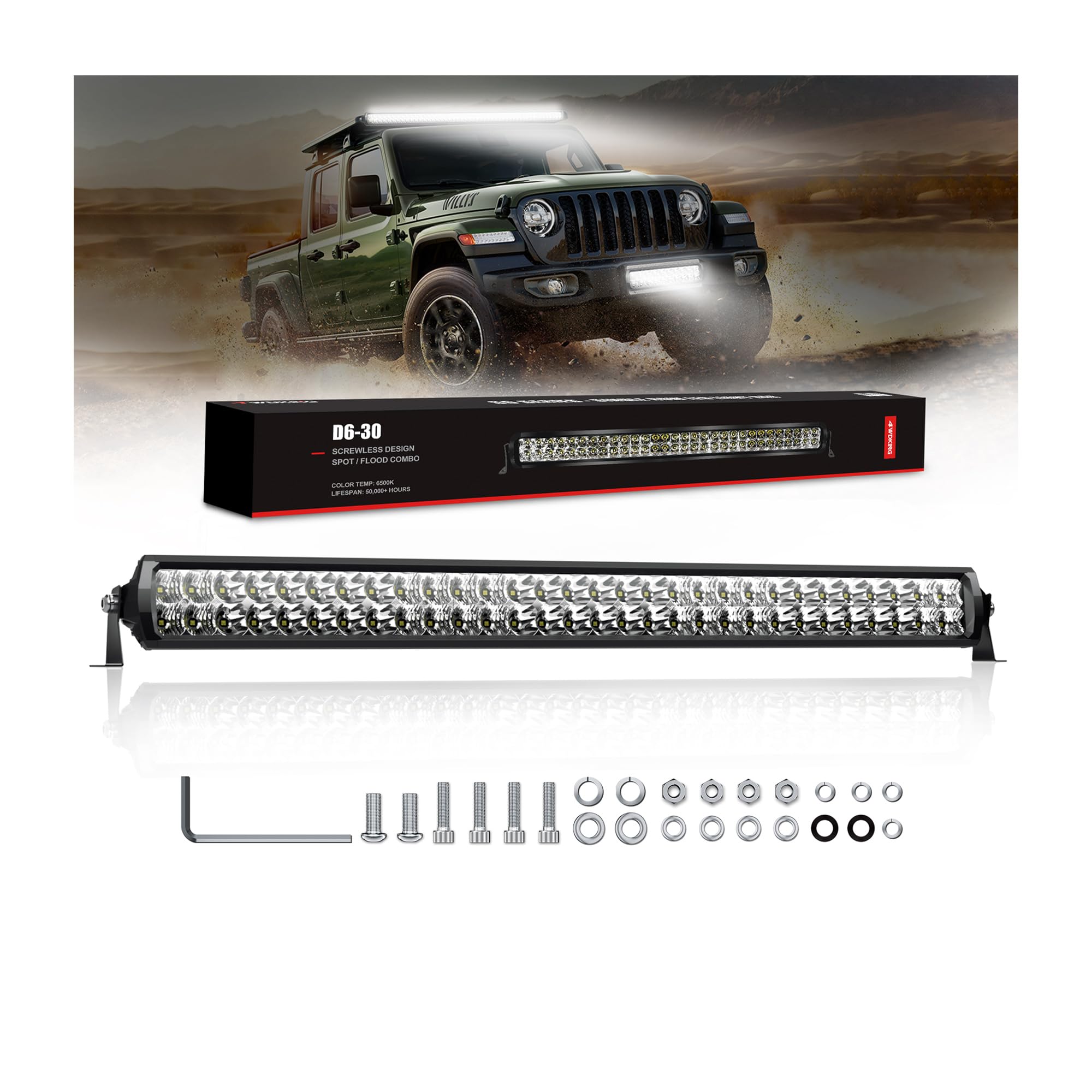 4WDKING 30 Inch LED Light Bar - IP68 & IP69K Waterproof, 180W Dual Row Off-Road Light with DT Connector - Flood & Spot Combo Beam for Trucks, Cars, ATV, UTV, Boats - Perfect for Night Off-Roading, Camping & Emergency Lighting