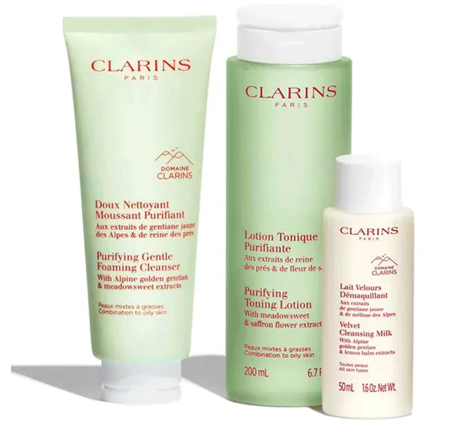 Clarins My Cleansing Essentials Set for Combination to Oily Skin - Gentle Foaming Cleanser, Exfoliating Toner & Hydrating Moisturizer - Perfect for Daily Skincare Routine & Travel