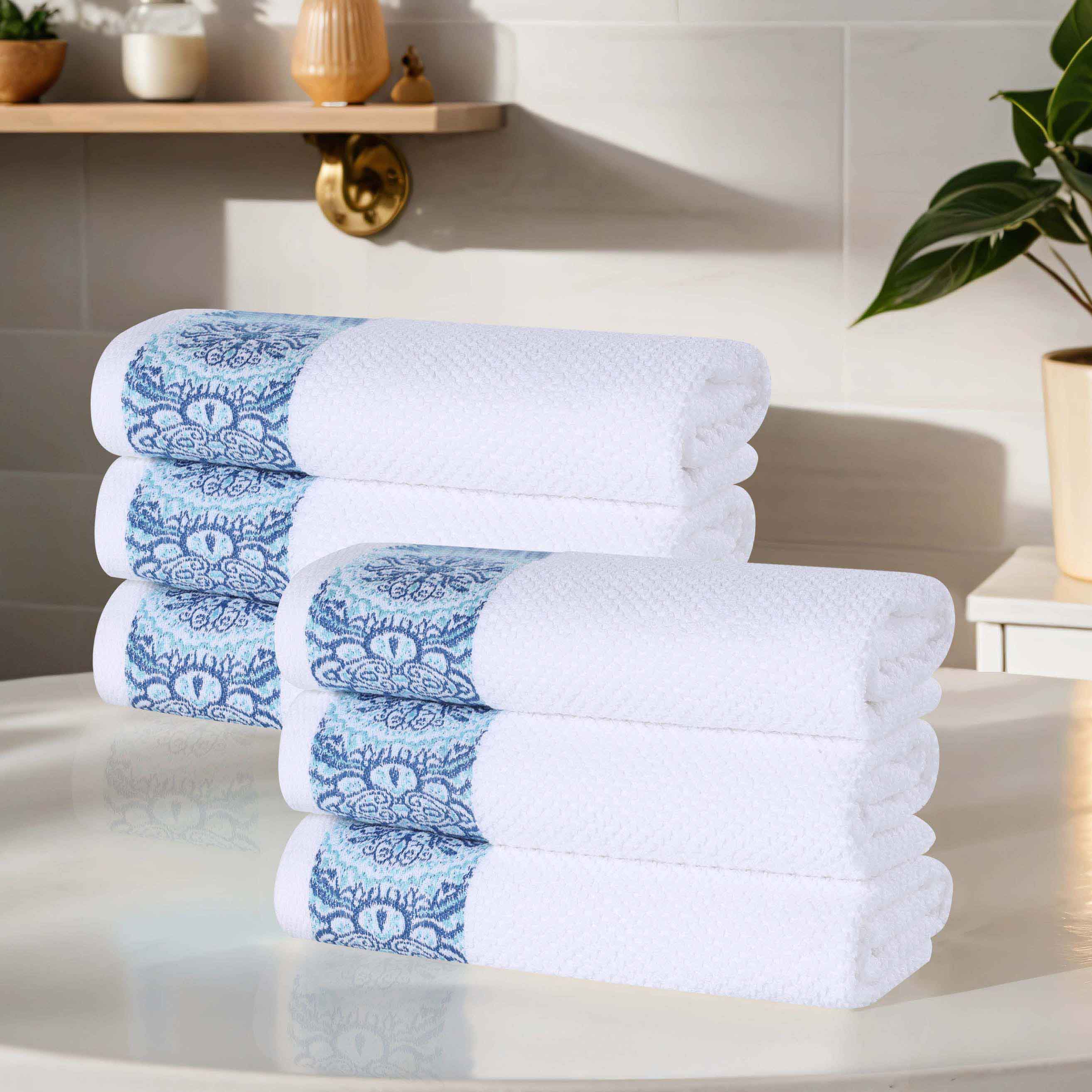 Premium Medallion Cotton Jacquard Textured Hand Towels - 6-Piece Set for Bathroom, Kitchen & Guest Use | Soft & Absorbent Luxury Towels for Home Decor