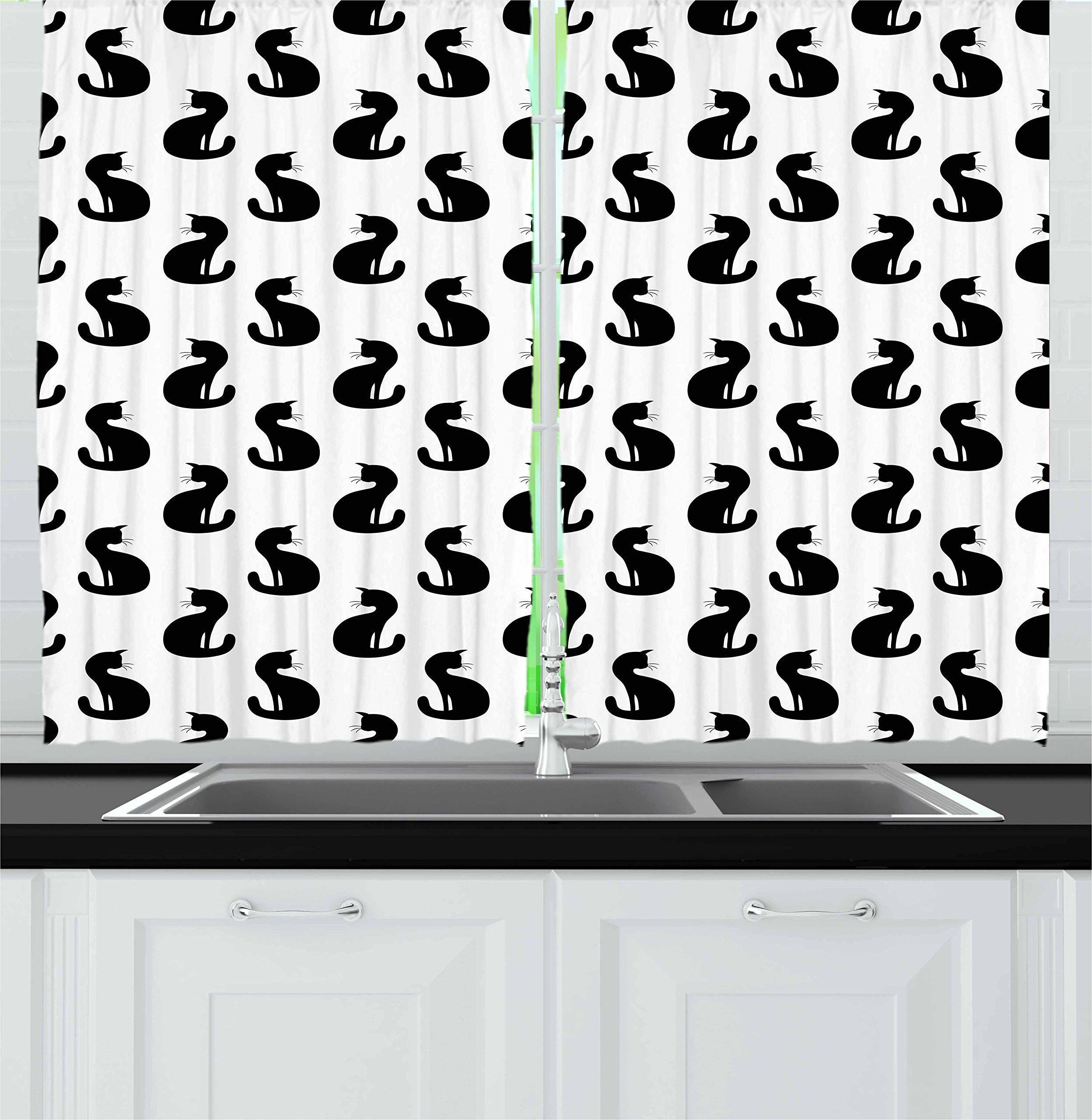 Ambesonne Black and White Cat Kitchen Curtains Set of 2 - 55