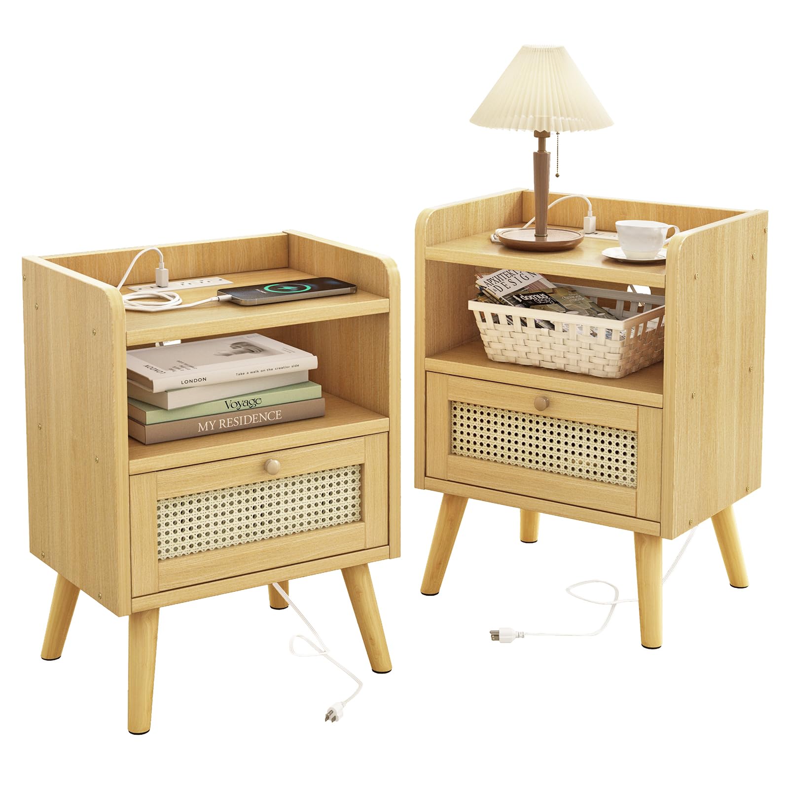Fixwal Nightstand Set of 2 with USB Charging Station, Rattan Decor Drawer & Open Storage - Solid Wood Bedside Tables for Bedroom, Living Room & Guest Room - Perfect for Phone Charging & Bedside Storage