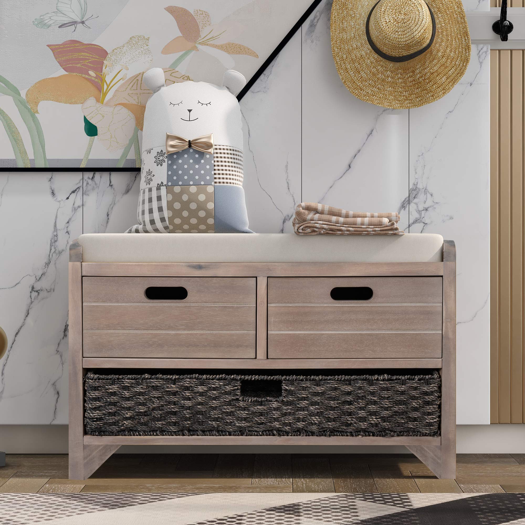 P PURLOVE White Washed Entryway Storage Bench with 2 Drawers & Removable Basket - Fully Assembled Shoe Bench with Cushion for Hallway, Living Room, Bedroom - Perfect for Organizing Shoes, Hats & Home Decor Accessories