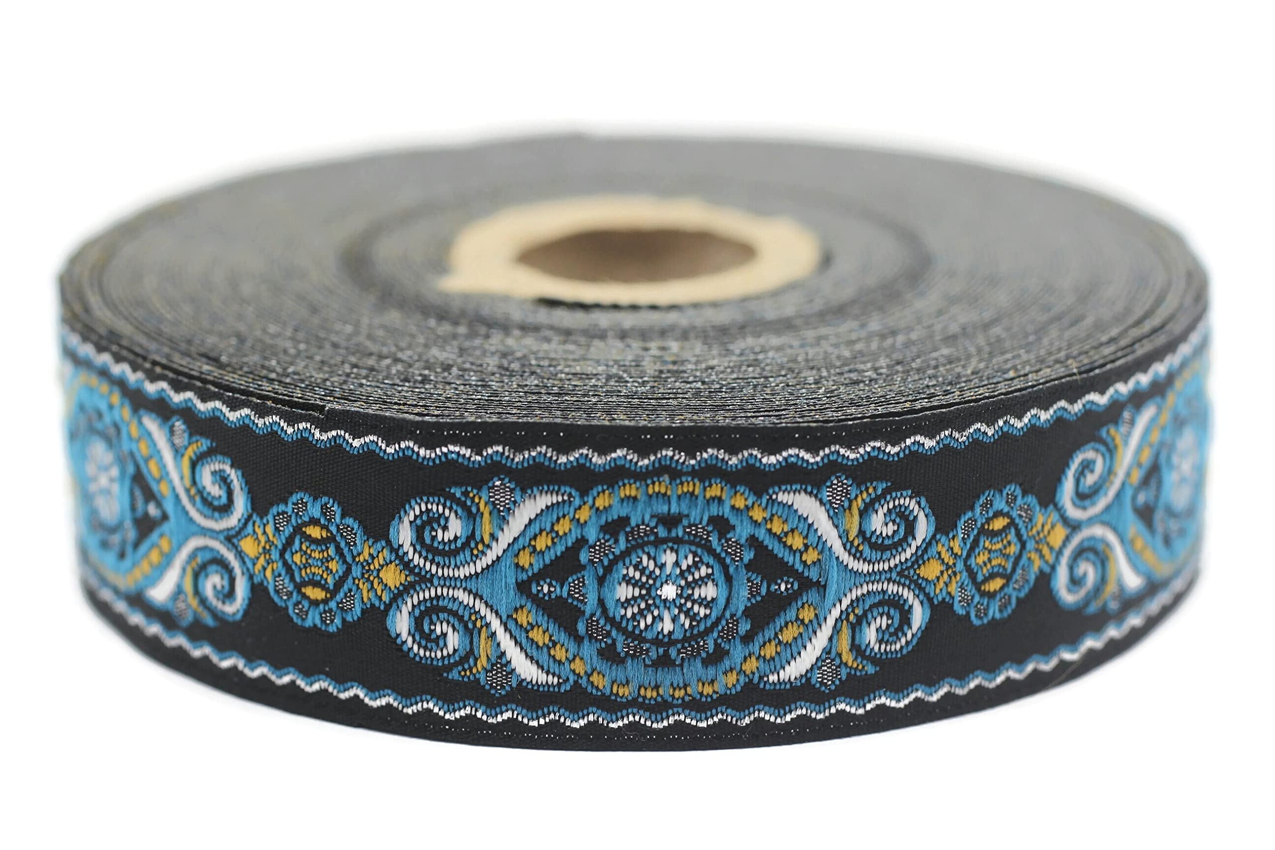 11 Yard Spool - 0.98 Inch Wide Blue & Black Jacquard Ribbon for Sewing, Crafting, and Decoration | Woven Embroidered Trim for DIY Projects, Gift Wrapping, and Home Décor