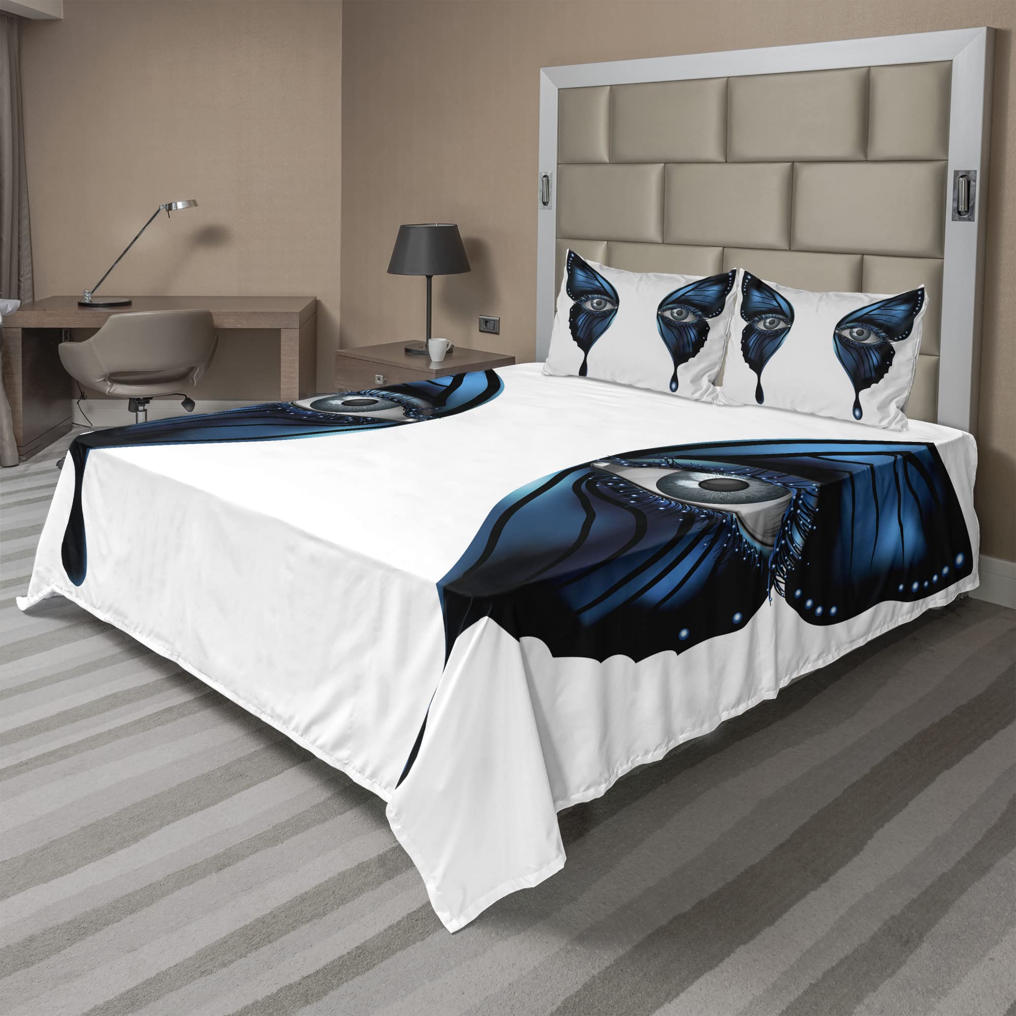 Ambesonne 4-Piece King Size Eye Design Sheet Set - Realistic Female Eye on Butterfly Wings, Blue Black White Bedding for Makeup & Masquerade Themes | Perfect for Gothic Decor, Themed Parties & Unique Bedroom Accents