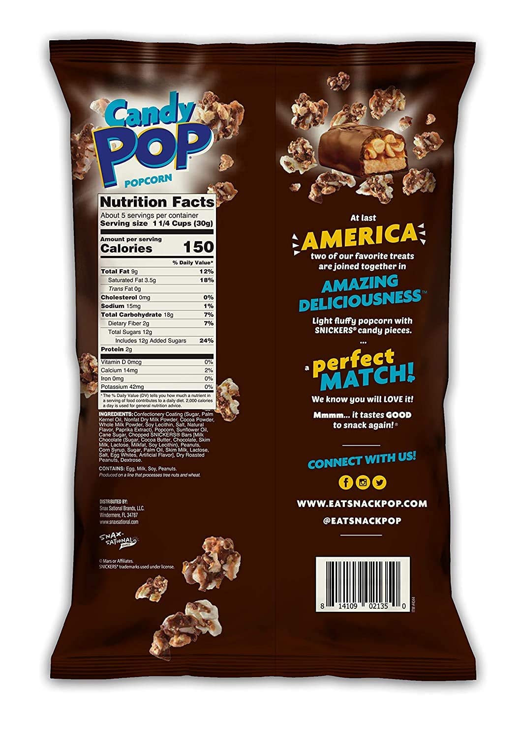 Delicious Snickers Flavored Popcorn - 2 Pack | Sweet & Salty Candy Popcorn Snack | Perfect for Movie Nights, Parties & Gifts