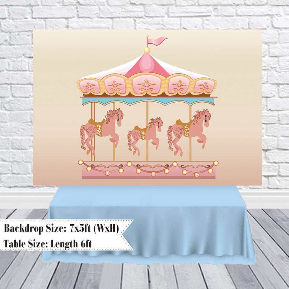 7x5ft Pink Carousel Backdrop for Baby Shower & Girls Birthday Party - Premium Photography Background for Photo Booth, Cake Smash, First Birthday, and Social Media Photos - W-2260