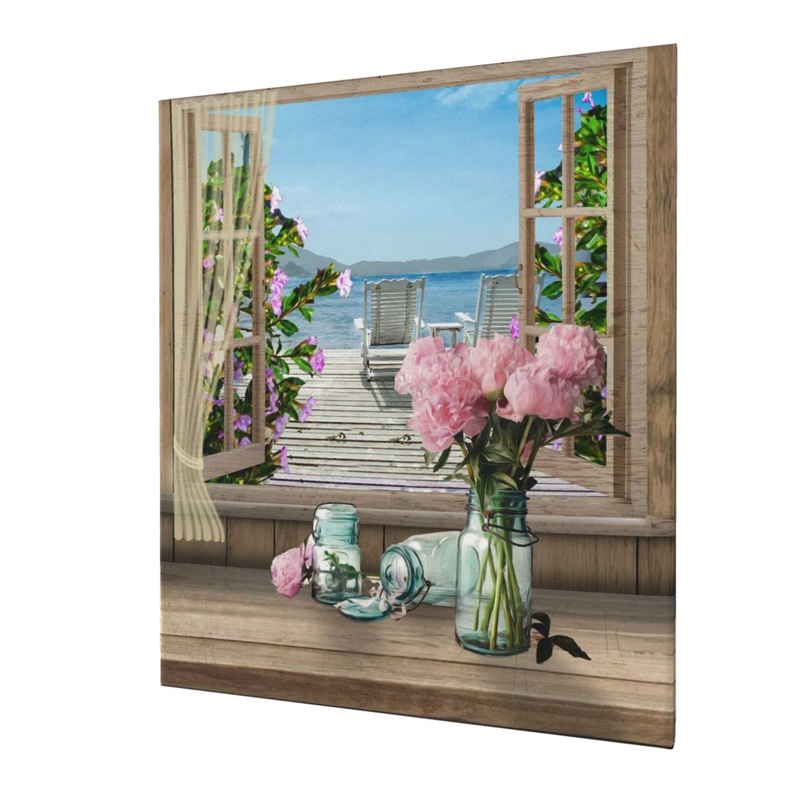 Pink Flowers in Vase Canvas Wall Art - Modern Abstract Landscape Painting with Window View | Stretched & Framed Ready to Hang (20x24 Inches) | Perfect for Bedroom, Living Room & Bathroom Decor