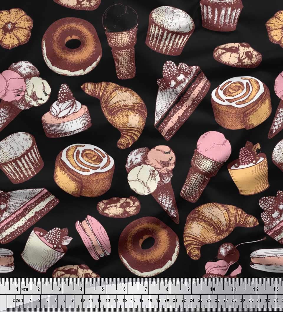 Soimoi Black Silk Fabric by The Yard - 42 Inch Wide - Cupcake, Donut & Cookies Food Print Design - Whimsical Printed Fabric for Sewing, DIY Crafts, Quilting, and Home Decor Projects
