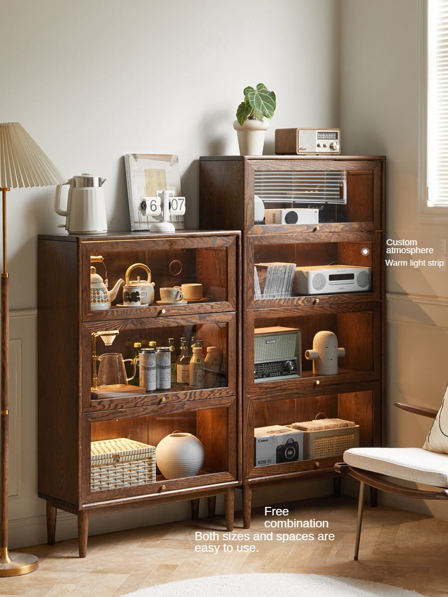 Solid Black Walnut & Oak Wood Glass Flip Door Bookcase - Modern Side Cabinet for Living Room, Office & Bedroom Storage
