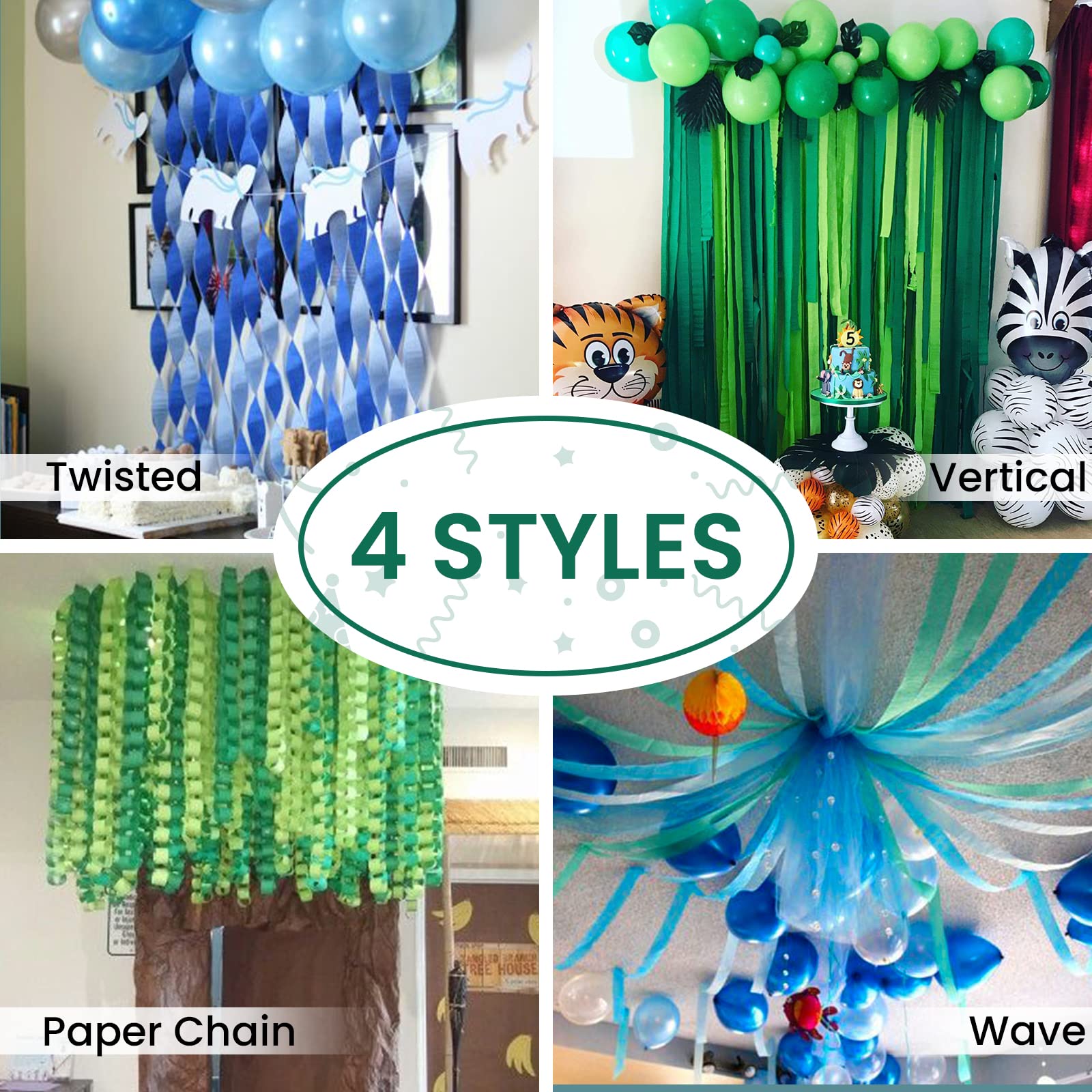 PartyWoo Crepe Paper Streamers - 8 Rolls (656ft) in Blue, Pastel Blue, Green, Lime & White - 1.8