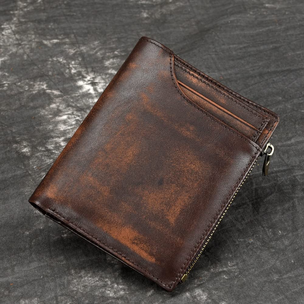 Genuine Leather Men's Wallet with Zipper - Cowhide Bifold Wallet with Coin Pocket & Card Holder (Brown, 12.3x10cm) - Perfect for Everyday Use, Travel & Gifts