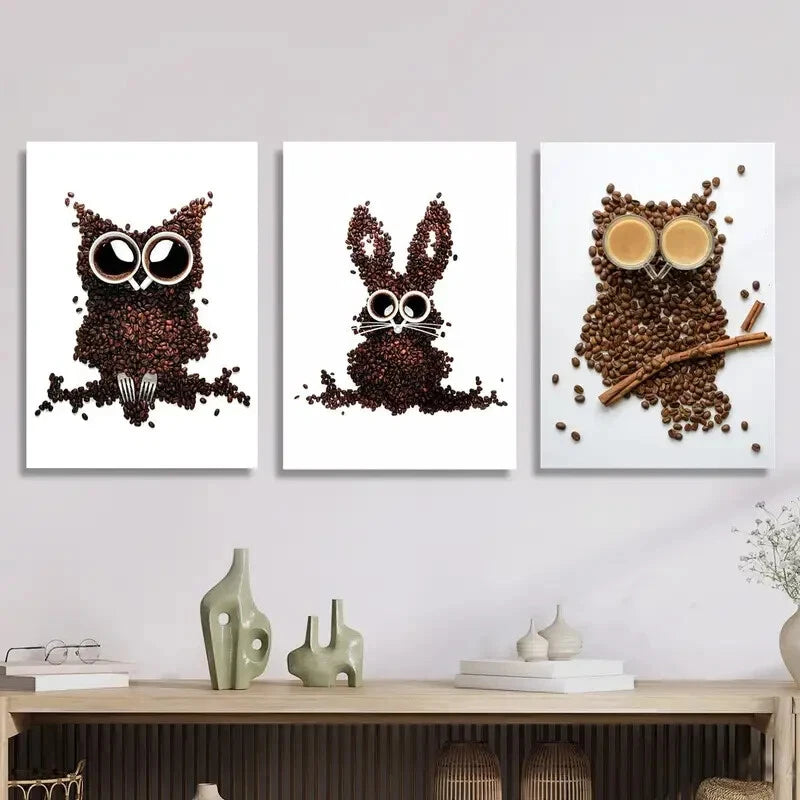 3-Piece Owl, Bunny & Rabbit Coffee Cup Metal Wall Art Prints - Ready to Hang Home Decor for Living Room, Bedroom & Office