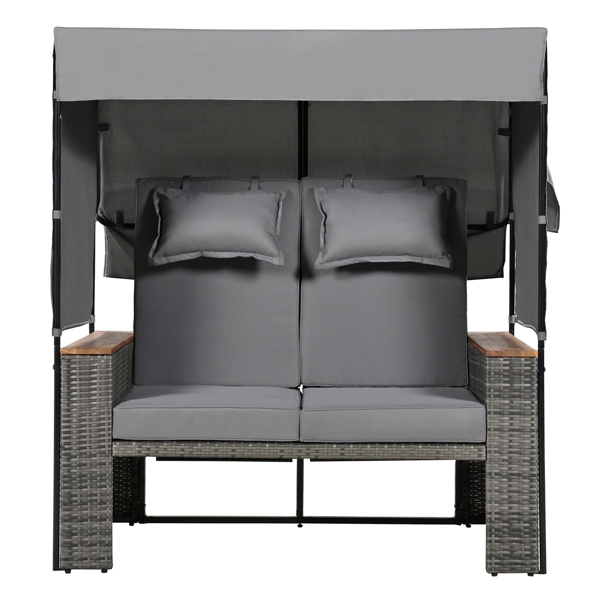 2 Piece Outdoor Rattan Daybed with Bench Lounge Roof Set & Cushions - Waterproof Wicker Patio Furniture for Poolside, Backyard, Garden - Perfect for Sunbathing, Relaxing & Outdoor Entertaining