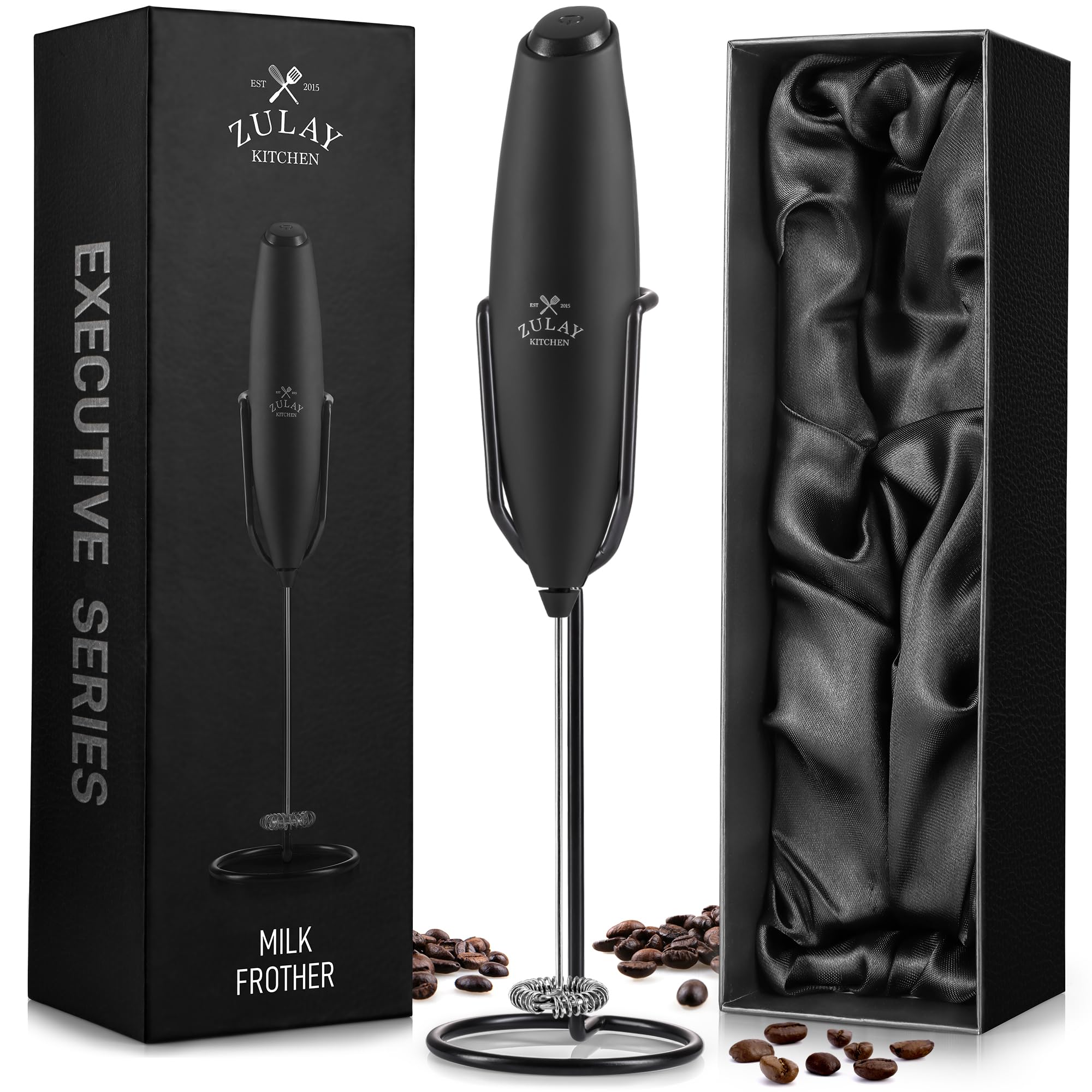 Zulay Kitchen Premium Milk Frother Wand - Upgraded Electric Handheld Foam Maker for Lattes, Cappuccino & Hot Chocolate - Perfect Coffee Gift with Improved Stand - Ideal for Home Baristas & Coffee Lovers