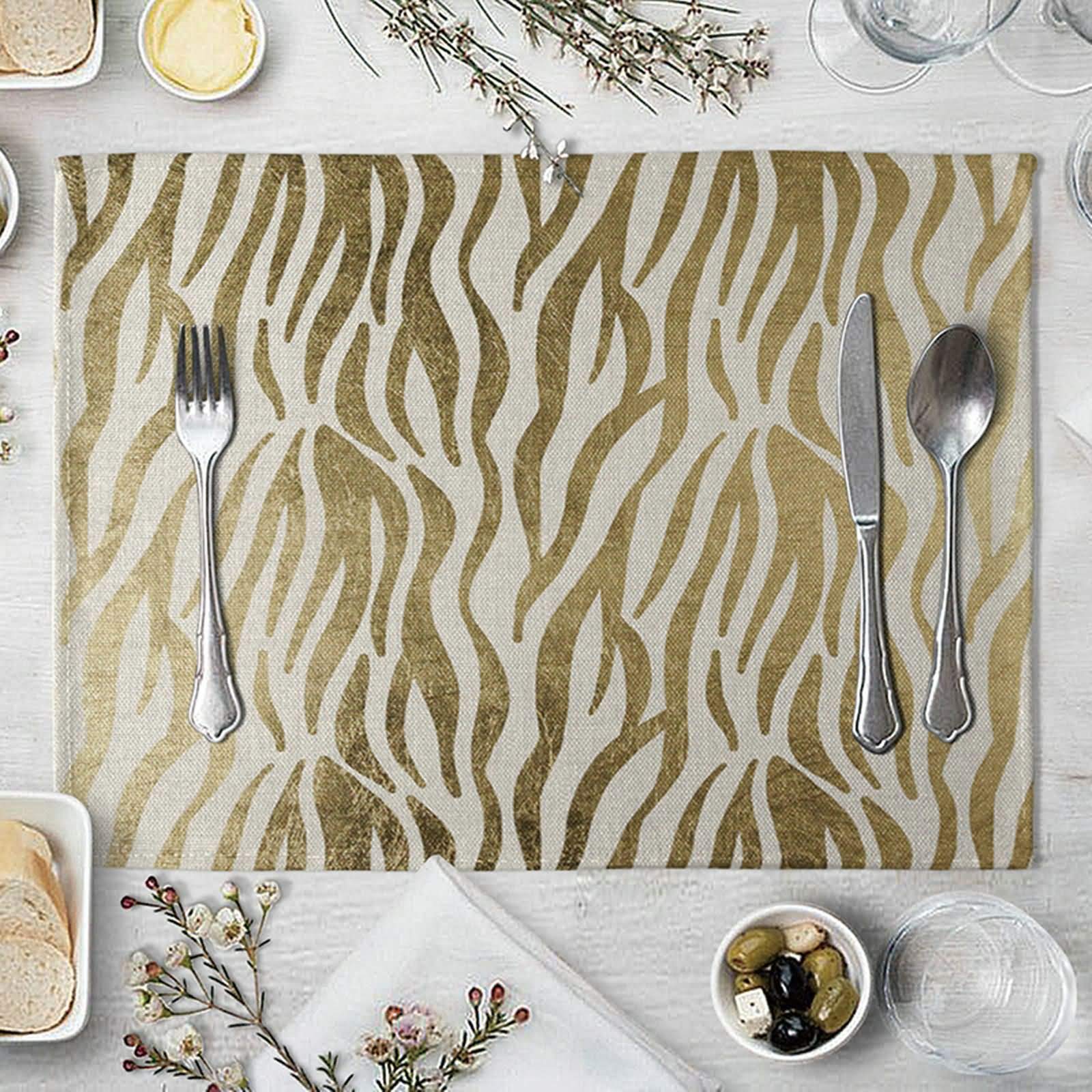 Premium Linen Placemats Set of 4 - Waterproof 16x12 Inch Rectangle Dining Mats with Elegant Geometric Gold Pattern for Indoor Table Setting | Perfect for Dinner Parties, Holiday Meals & Everyday Use
