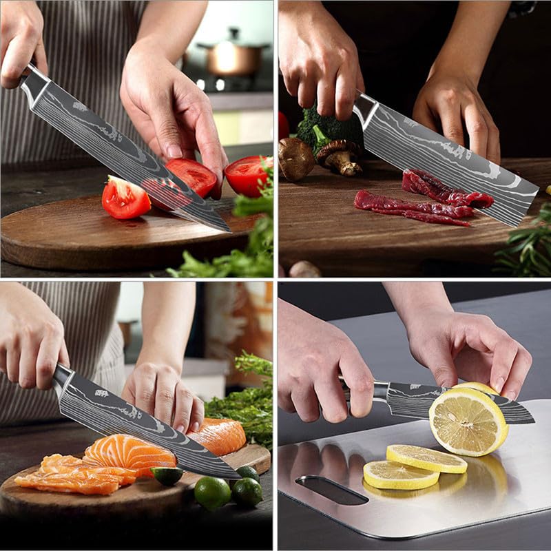 KEPEAK 5-Piece Kitchen Knife Set - High Carbon Steel Chef Knife, Santoku, Cleaver & Paring Knives with Pakkawood Handle - Perfect for Slicing Vegetables, Meat & Fruit in Home Cooking & Professional Kitchens