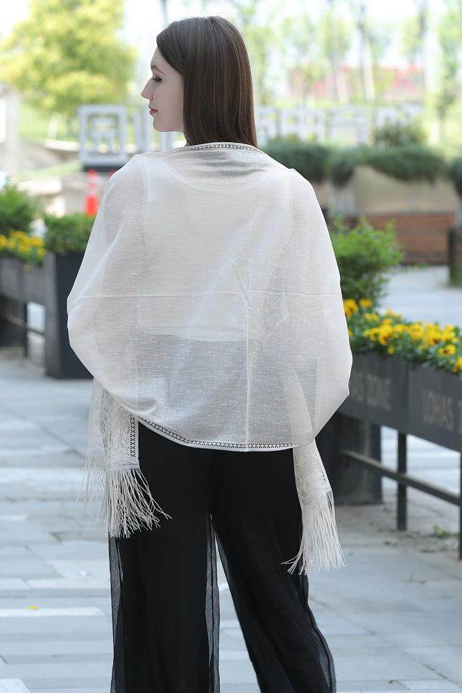 Elegant Lace Shawl with Tassels - Women's Fashion Scarf for Weddings, Parties & Evening Events (Style CJ0107)
