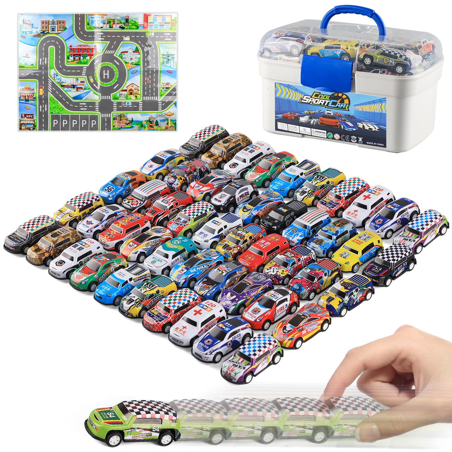Mostop 50PCS Pull Back Toy Cars Set - Friction Powered Mini Race Cars with Storage Box for Kids 3+ Years Old | Fun Push & Go Vehicles for Boys & Girls | Perfect Birthday Party Gifts & Playtime Activities
