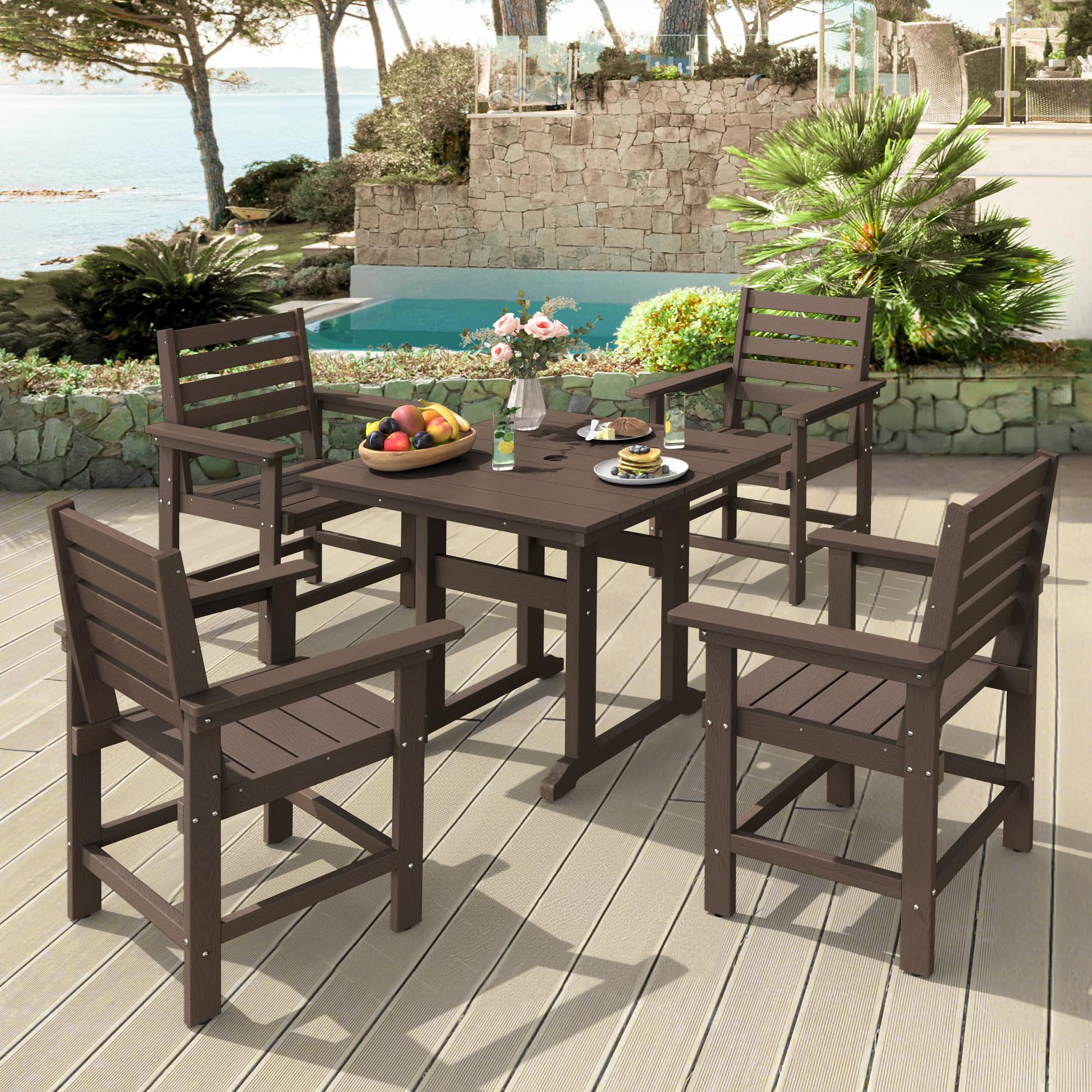 5-Piece Outdoor Dining Set - HDPE Weather-Resistant Patio Table & Chairs with Umbrella Hole - Square Balcony Furniture Set (Dark Brown) - Perfect for Backyard, Garden & Poolside Entertaining