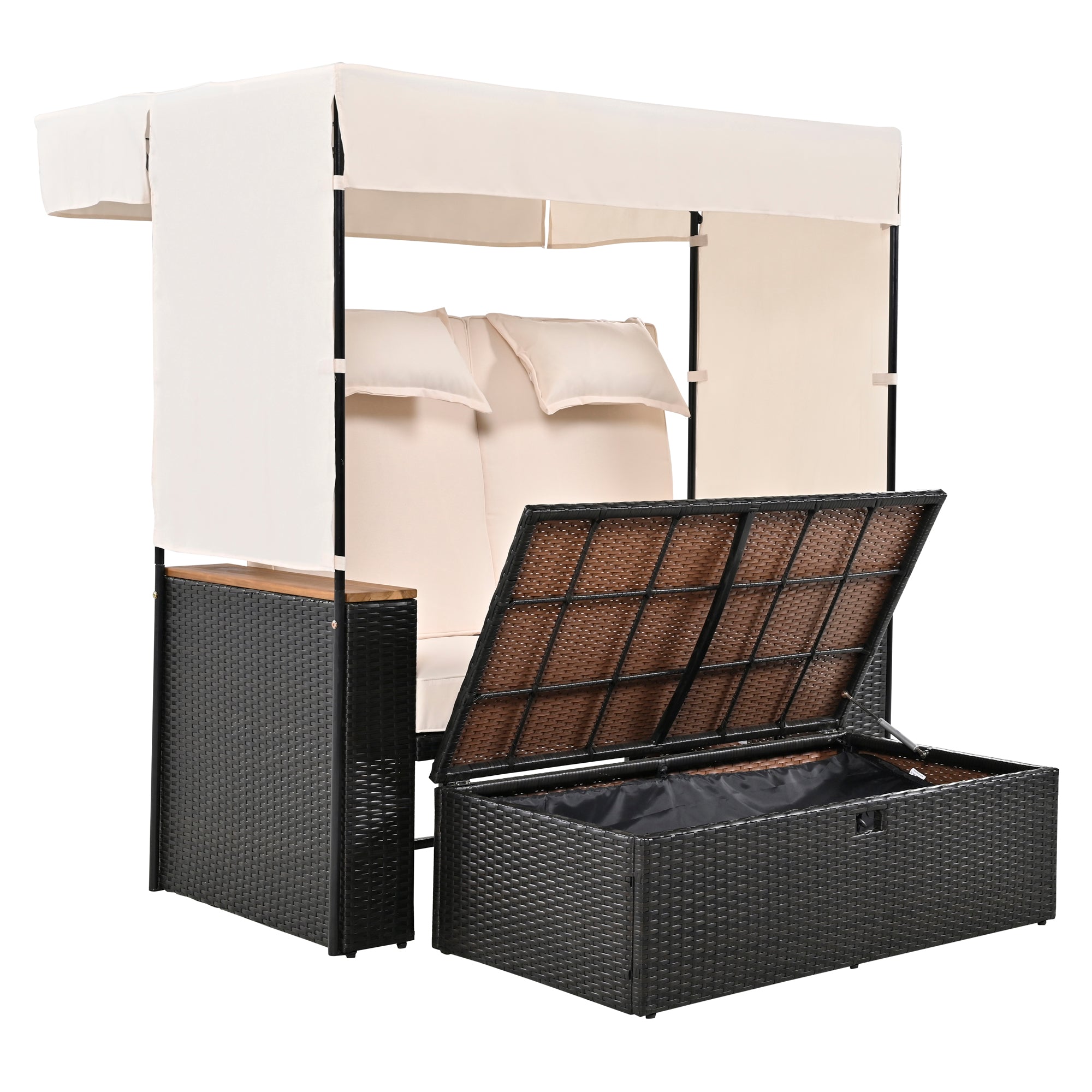2 Piece Outdoor Rattan Daybed with Bench Lounge Roof Set & Cushions - Waterproof Wicker Patio Furniture for Poolside, Backyard, Garden - Perfect for Sunbathing, Relaxing & Outdoor Entertaining