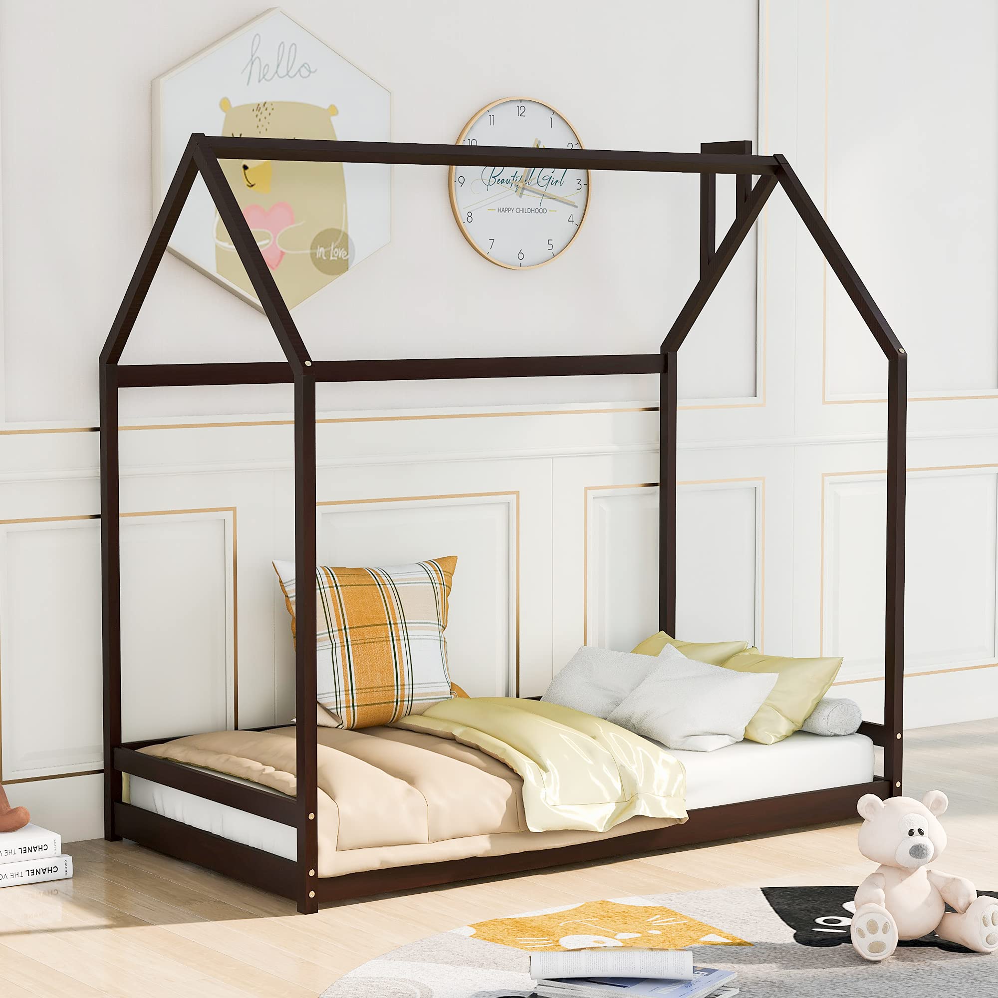 Merax Twin Size Wooden House Bed with Roof - Kids Floor Bed for Boys & Girls in Espresso Finish | Playroom, Bedroom & Nursery Decor
