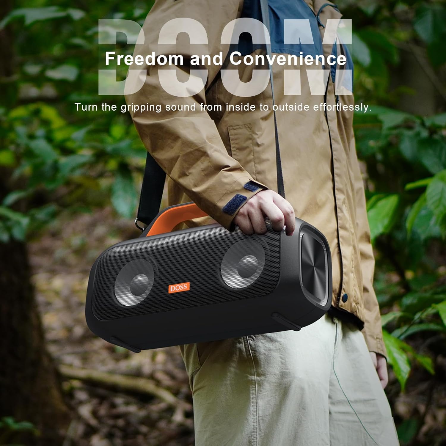 DOSS Extreme Boom S Bluetooth Speaker - 60W Wireless Portable Speaker with Stereo Sound, Rich Bass, IPX6 Waterproof, 25H Playtime, TWS & LED Lights - Perfect for Camping, Beach, Pool Parties & Outdoor Adventures (Orange)