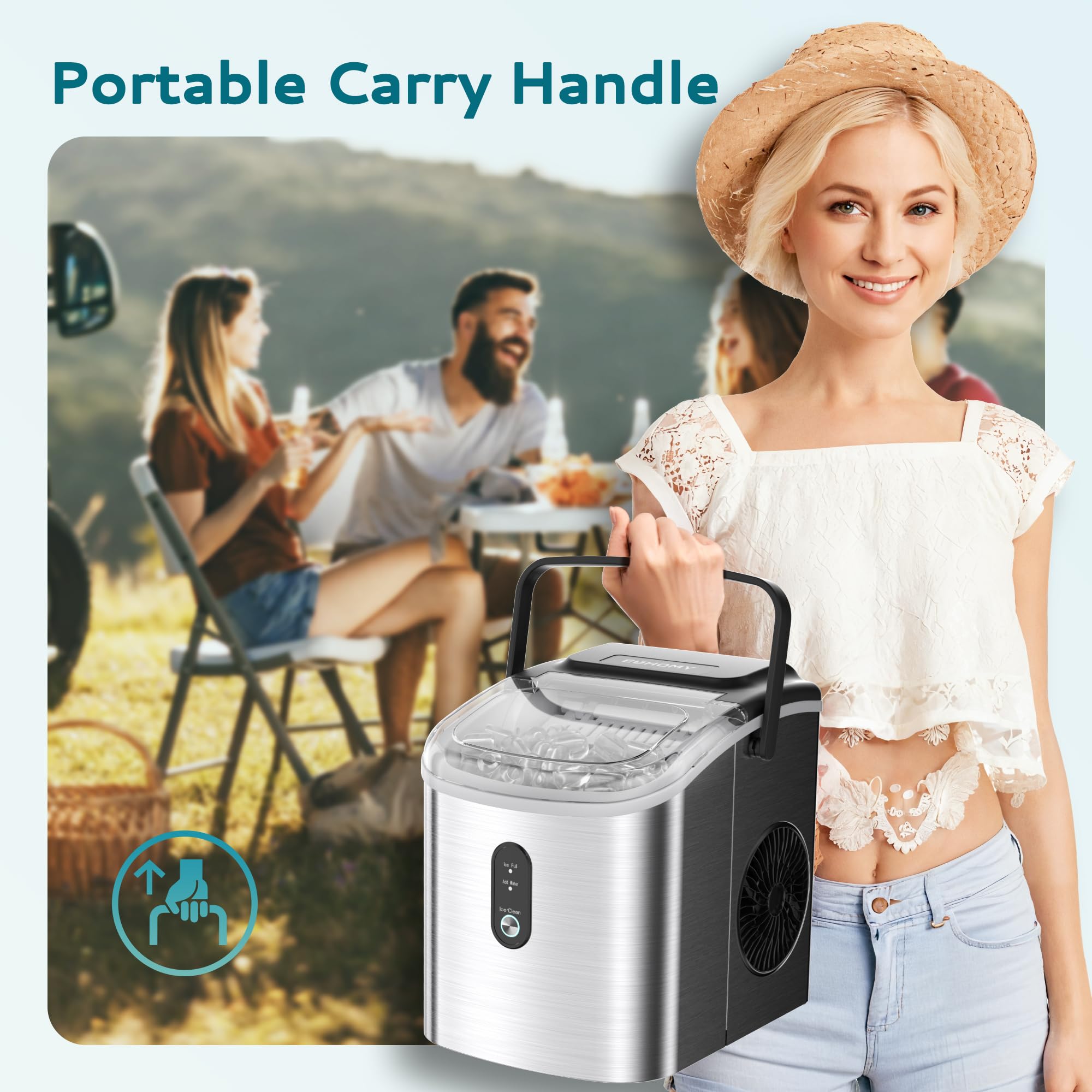 EUHOMY Portable Ice Maker Machine - 26.3lbs Daily, 9 Cubes in 6 Minutes, Auto-Cleaning Countertop Ice Maker with Handle, Basket & Scoop - Perfect for Home, Kitchen, Camping, RV & Office Use (Silver)