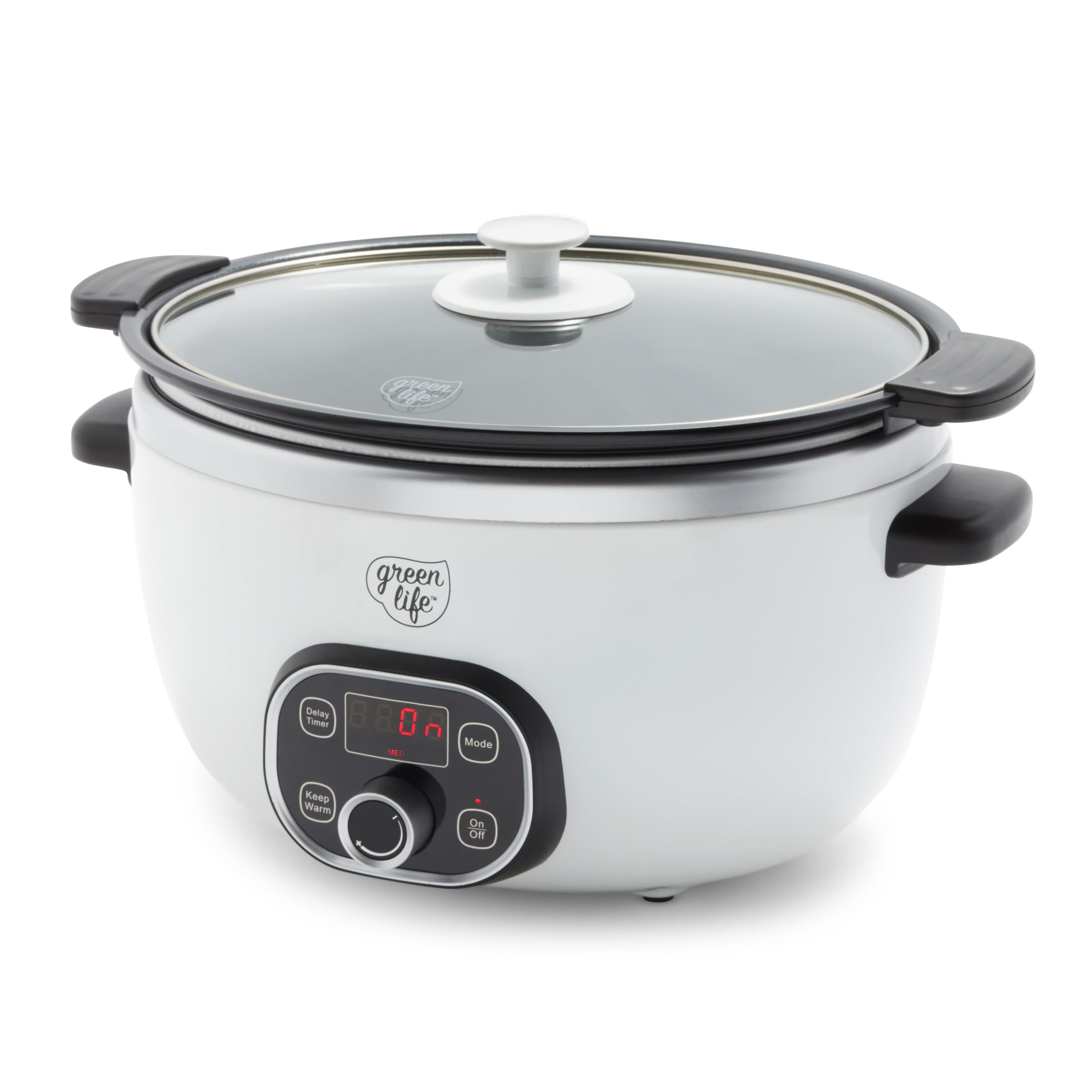 GreenLife 6 Quart Ceramic Slow Cooker - PFAS-Free, Programmable Crock Pot with Removable Nonstick Pot, Digital Timer & Stovetop Sear Function | Perfect for Large Families, Meal Prep, Soups, Stews & Holiday Gatherings | Dishwasher Safe Glass Lid & White Crock
